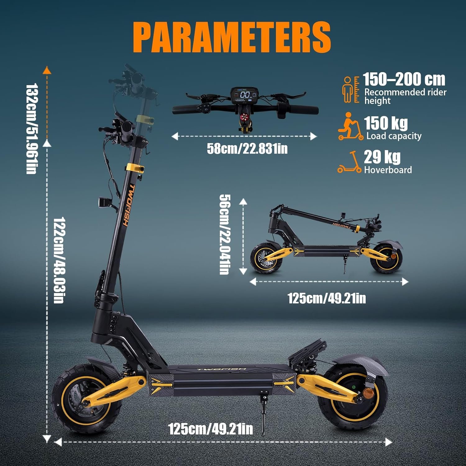 TWOFISH Electric Scooter for Adults, Foldable E Scooter with 48V 17Ah /60V 23Ah Battery, 50-70 km Range, 10"/12" Off-Road Tires, 150KG Load Capacity, with USB Charging and NFC Unlock - Image 7