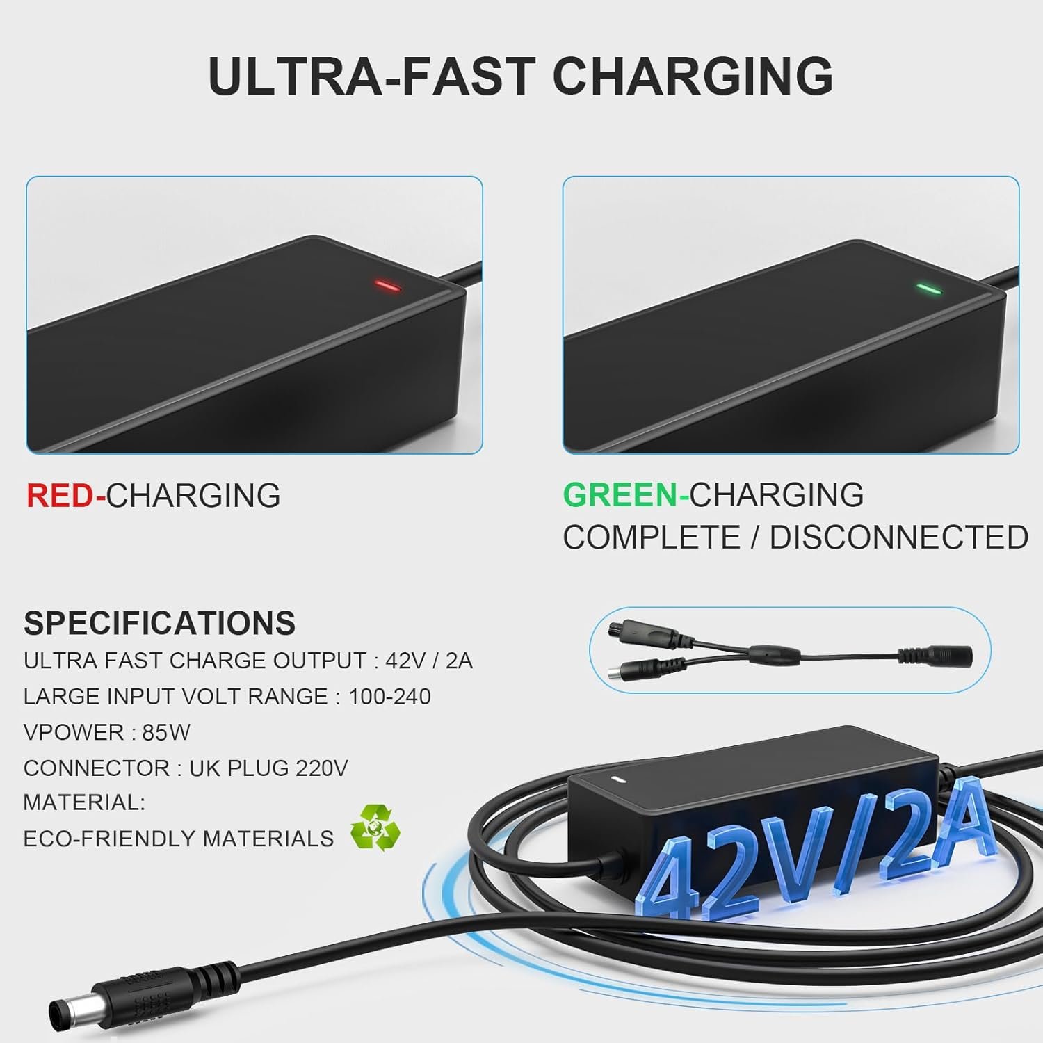 Mezelon® Universal Electric Scooter Charger, Hoverboard Charger, 42V 2A 36V Battery Chargers for Mobility scooter charger, Electric Bike, High Safety/Low Heat Generation/Fast charging - Image 4