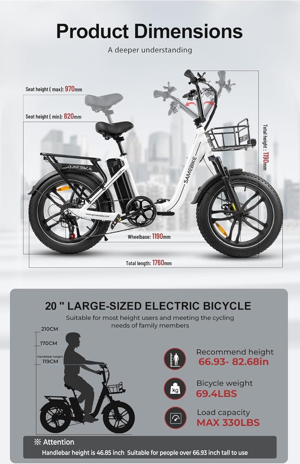 SAMEBIKE Electric Bike, Folding Adult Electric Mountain Bike, 36V 13AH Removable Battery, 7 Speed Gears, 20" *4.0" Fat Tire, Suspension Fork,with Rugged Front Basket and Rear Bracket,Quick Delivery - Image 6