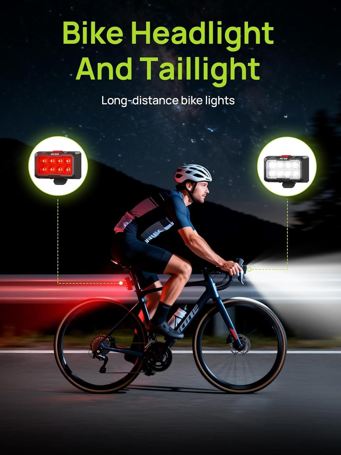 ACSO Bike Lights Front and Back,Super Bright Bike Light,IPX5 Waterproof,USB-C Rechargeable Bike Lights,5+8 Modes Bike Light Sets. - Image 2