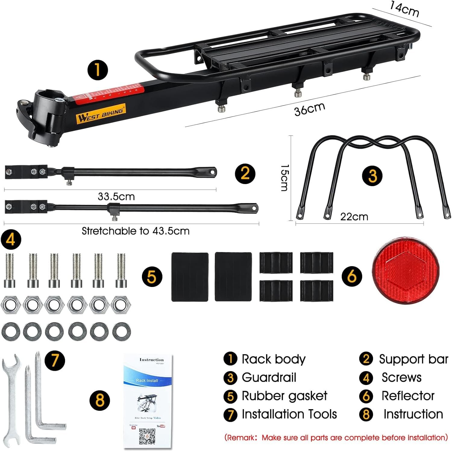 West Biking Rear Bike Rack - Adjustable Pannier Rack, 50 KG Load Capacity, Aluminum Alloy Luggage Carrier With Reflector for Cycling and Commuting - Image 3