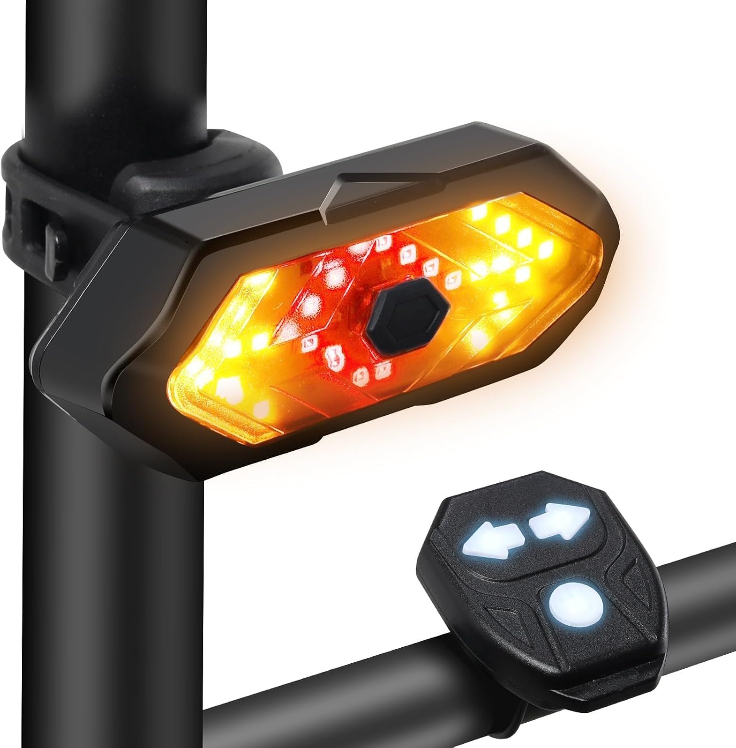 EBUYFIRE Rear Bike Light with Indicators -Bike Lights 5 Lighting Modes USB Rechargeable Tail Lamp with Wireless Remote and Safety Horn - for Cycling Helmet and Seatpost with IPX4 Water Resistance