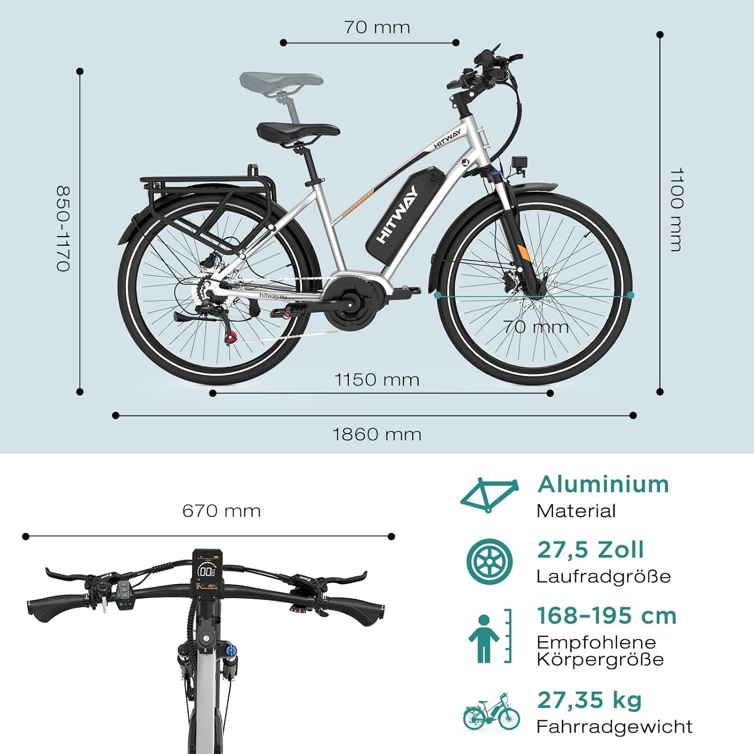 HITWAY 27.5"/28" Electric Bike for Adults, Electric Bicycle 250W Rear hub motor/Mid-drive motor,7 Speed, With 36V 13Ah removable battery, City E Bike for Commute and Trekking - Image 8
