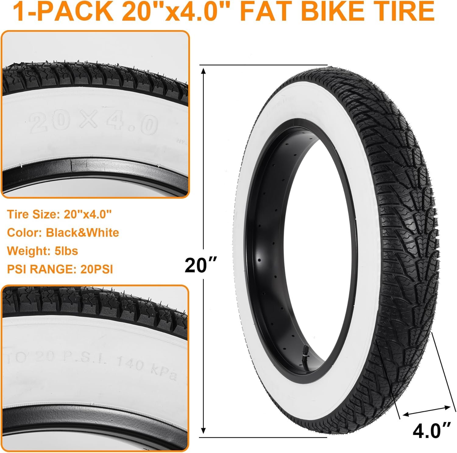 2-Pack 20x4.0 Fat Bike Tire, 20 Inch Mountain Bike Tires & Tubes Set, Folding Replacement Bicycle Tires with Tire Levers for Off-Road Bike, Ebike - Image 2