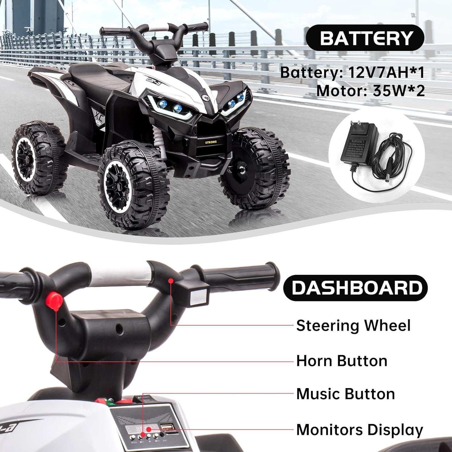 Aptliton Kids Electric Quad Bike 12V, Ride On Car ATV Toy with Remote Control, Music, LED, Horn, 2 Speed, for Ages 3-5 Years, 83 x 53 x 56 cm (White) - Image 5