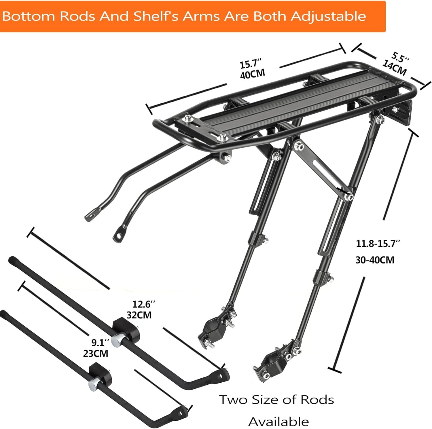 Rear Bike Rack with Large Size Reflective,Bike Cargo Rack with Extra Long Mounting Brackets,Universal Adjustable Touring Carrier Rack,Large Capacity Bike Pannier Rack - Image 6