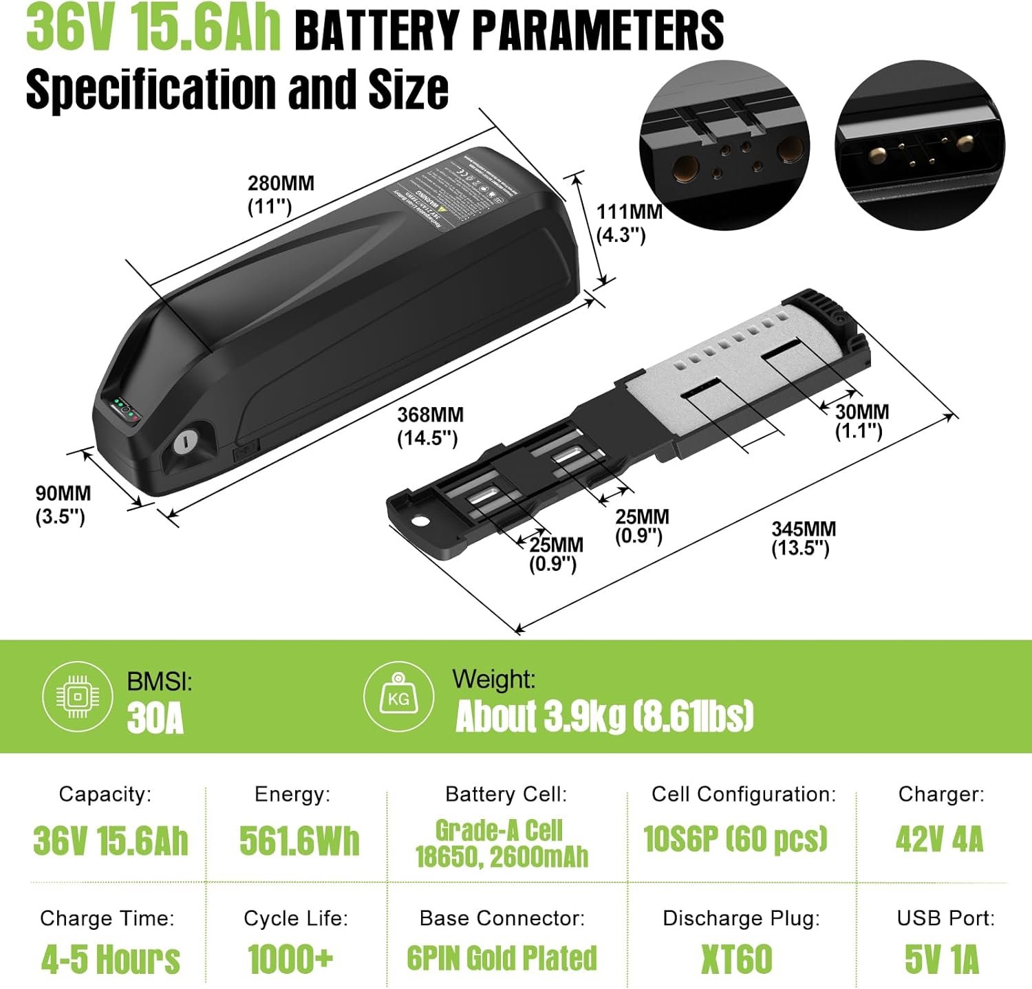 36V 15.6Ah Ebike Battery, Downtube Lithium 36V Ebike Battery with 4A Charger & USB Port, Compatible with Bafang Varstrom AW Electric Bike Conversion Kits - Image 2