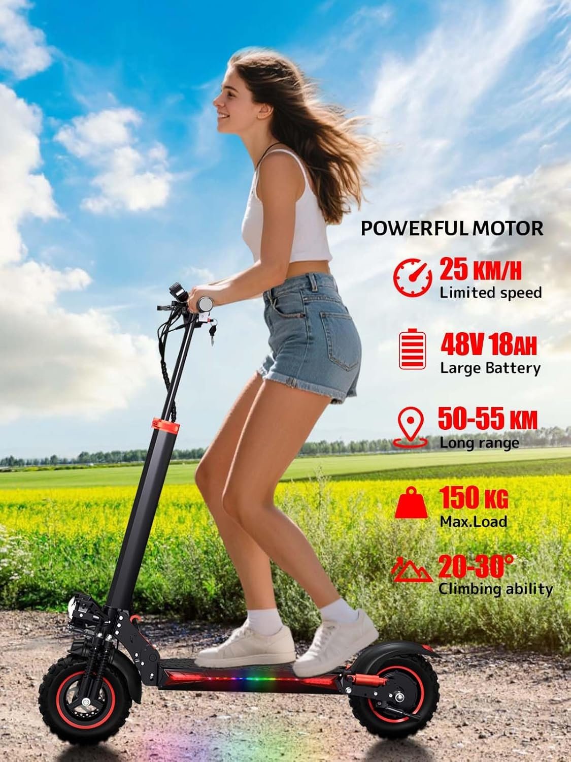 Electric Scooters Adult,50-55km Range,11'' Offroad All Terrain Foldable Pure E Scooter 48V 18Ah Battery, Dual Braking System & Shock Absorption Fast Electric ScooterTeens Gift,Max Load 150kg - Image 2