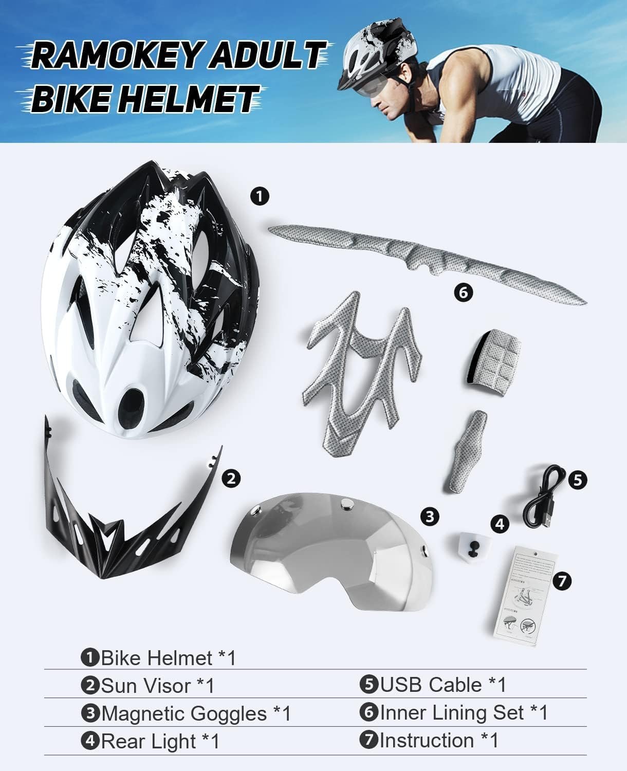 Bike Helmet for Men and Women, Lightweight Cycle Helmet with LED Light Magnetic Goggle Sun Visor, Mountain & Road Bicycle Helmets for Adult Cycling Adjustable Size 57-62cm - Image 7
