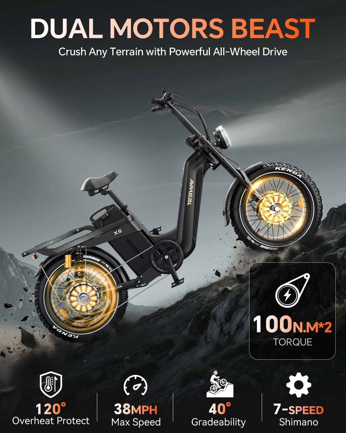 TESWAY X5AWD Electric Bike for Adults,52V 60AH Long Range Ebike,Dual Motor 20" Full Suspension Fat Tire E-bike, Dual Hydraulic Brake, 7-Speed Colorful LCD Display Electric Bike - Image 3