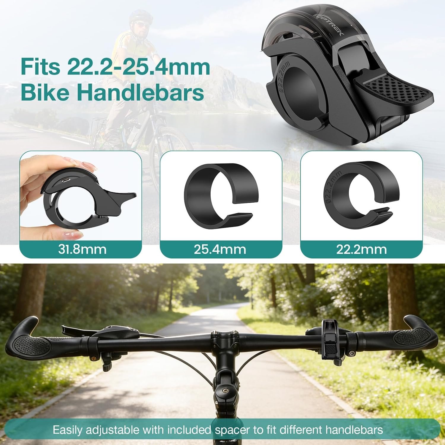 toptrek Bike Bell, 110dB Max Crisp Bicycle Bell, 2026 Waterproof Rustproof Aluminum Alloy Bike Bells for Adults and Kids, Universal Fit 22.2-31.8mm Handlebars for Road Mountain Bikes Scooter MTB BMX - Image 4