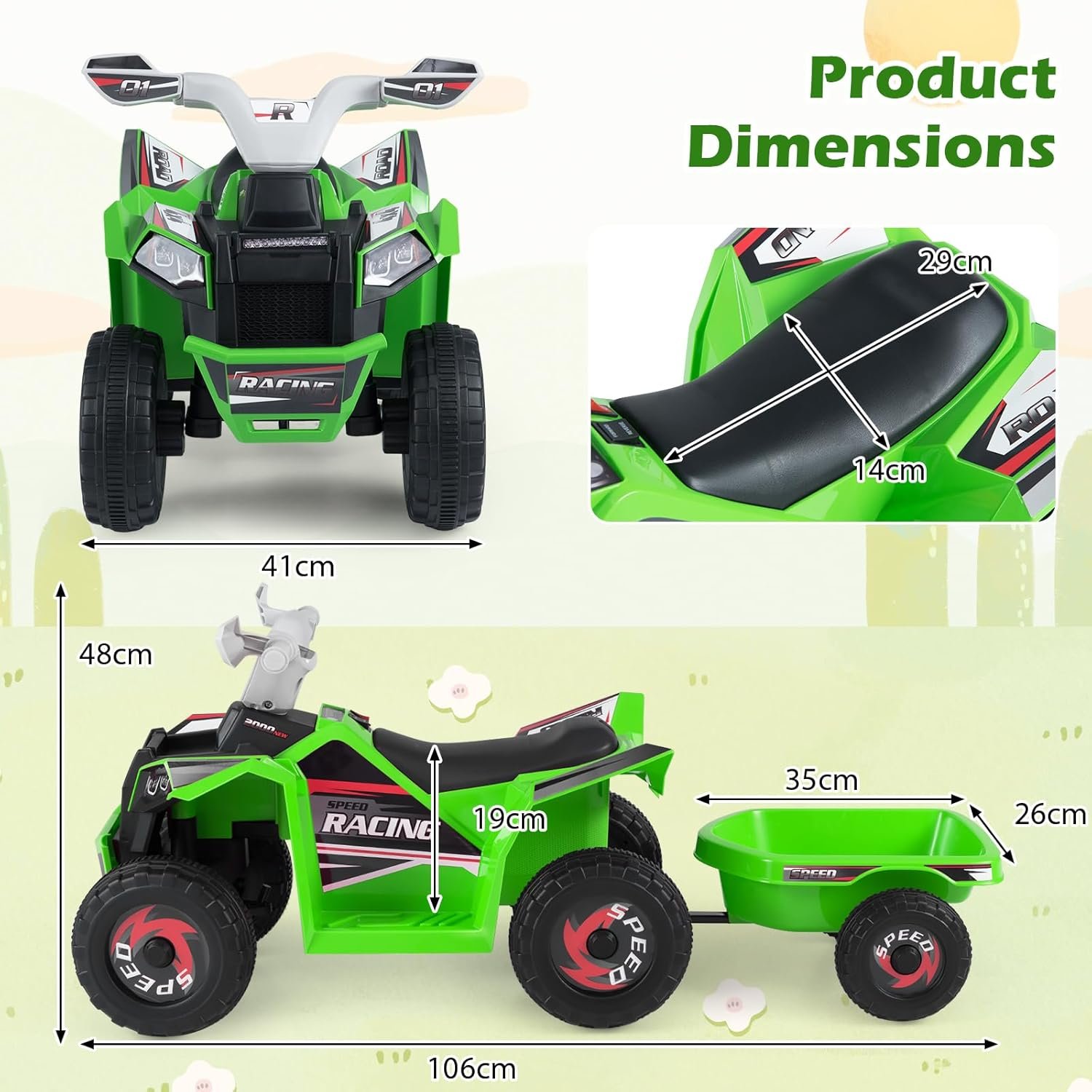 COSTWAY 6V Kids Electric Ride on ATV Car, Battery Powered Quad Bike with Removable Back Trailer, 4 Wear-Resistant Wheels, Forward/Backward/Reverse Button, for Boys Girls 3+ Years Old (Green) - Image 6