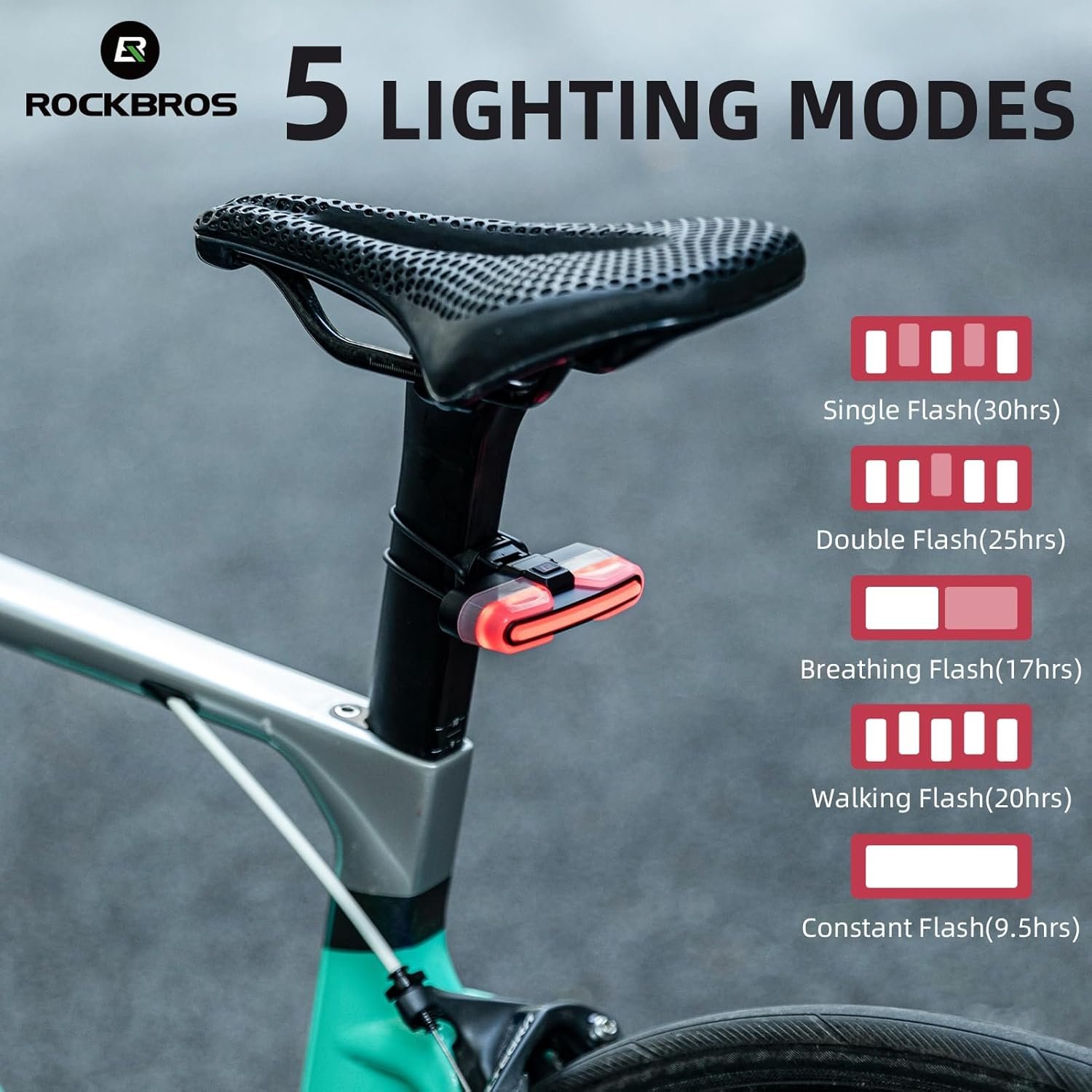 ROCKBROS Rear Bike Tail Light USB Rechargeable, Smart Bike Taillight with Brake Sensing, 5 Lighting Modes Bicycle Taillight, IXP6 Waterproof, 500mAh Capacity, For Cycling and Night Riding - Image 4