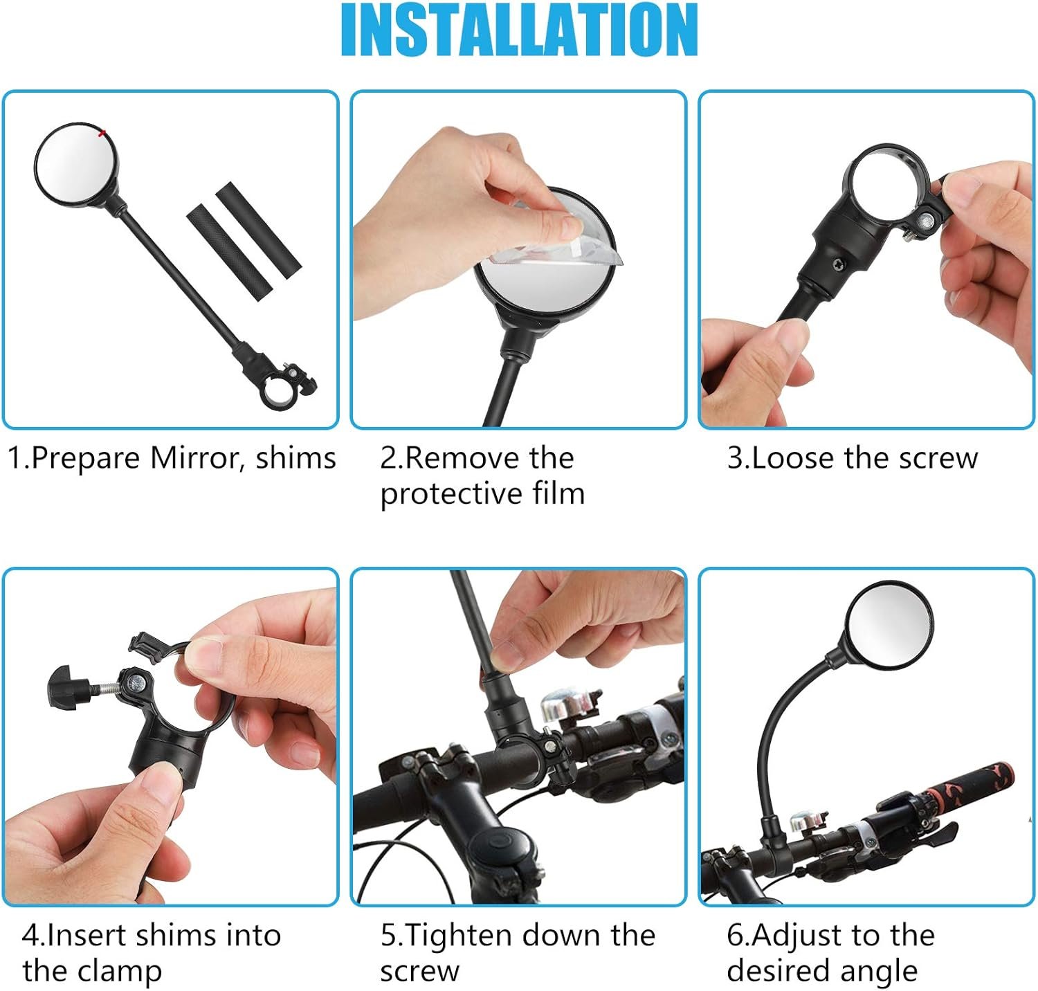 Yizhet Bike Mirrors, 1 Pair 360° Rotatable Bicycle Handlebar Mirrors, Wide Angle Rear View Mirrors, Convex Cycle Wing Mirrors for Bicycle, Electric Mobility Scooter, Road Bike, Moped, Motorcycle | Convex Acrylic, Wide Angle, Long Hose for 22mm-32mm Handlebars of Bicycles, Moped, Electric Mobility Scooter - Image 7