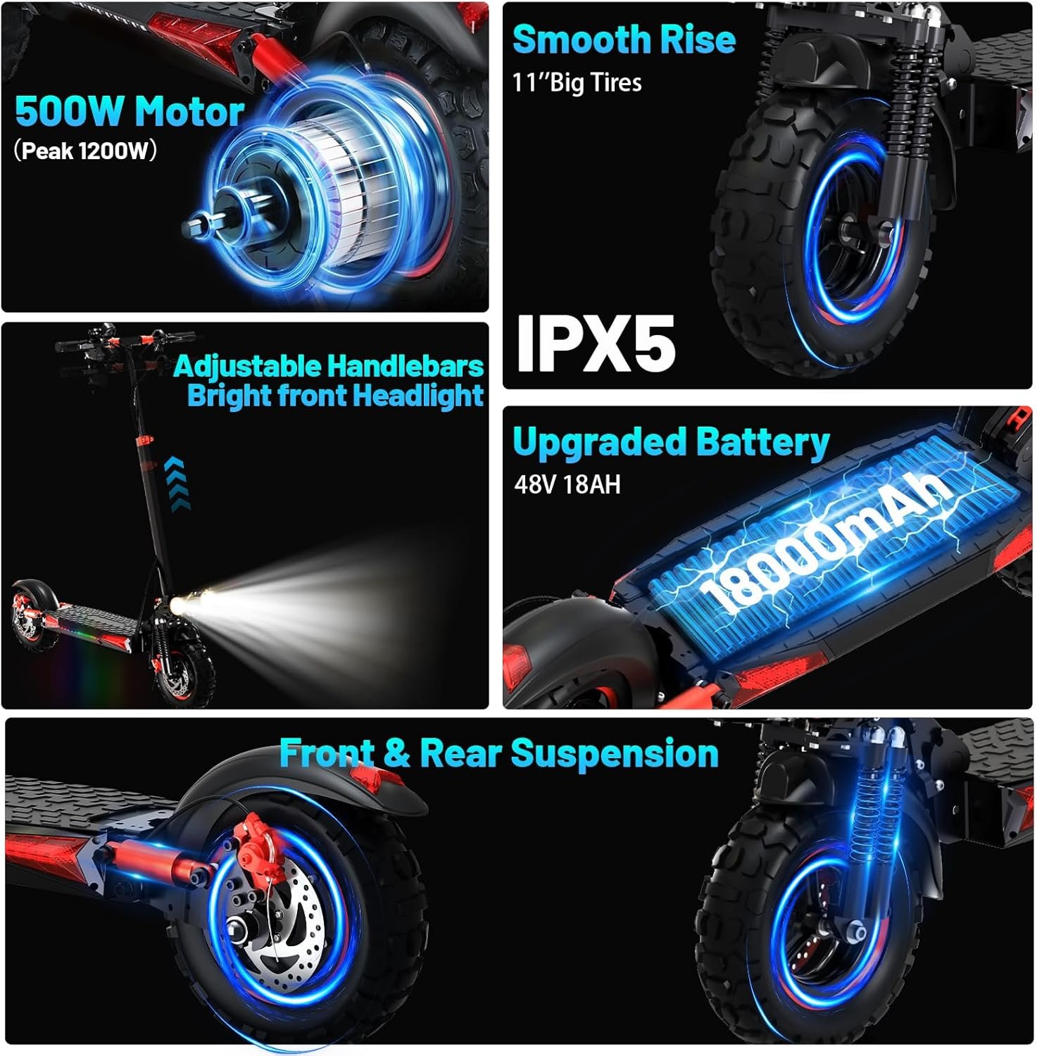 11" All-Terrain Adult Electric Scooter, 34 Miles Range, 48V 18Ah Battery, Adjustable Height, Dual Suspension, Fast Charging,Folding E-Scooter for Teens & Adults, Perfect Christmas - Image 2
