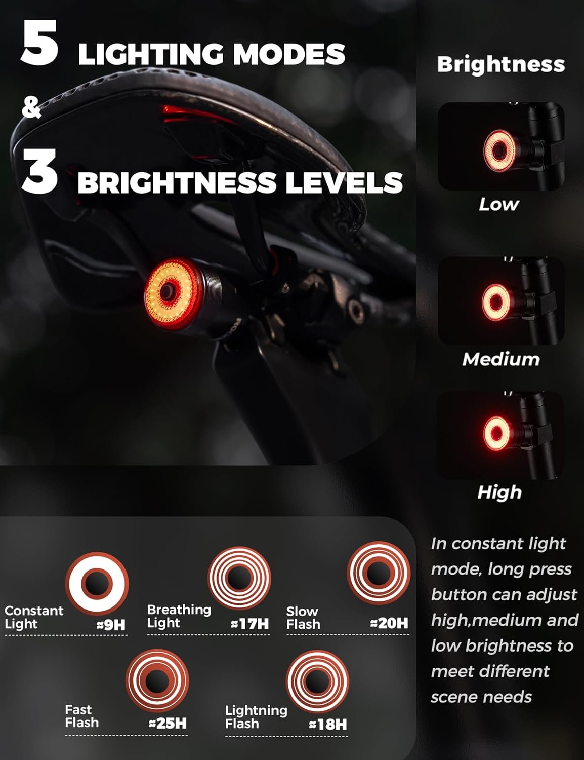ROCKBROS Bike Tail Light, USB Rechargeable Smart Rear Light Bicycle LED Taillight,IPX6 Waterproof Ultra Lightweight Auto On/Off for Night Cycling MTB Road Bike Gravel - Image 3