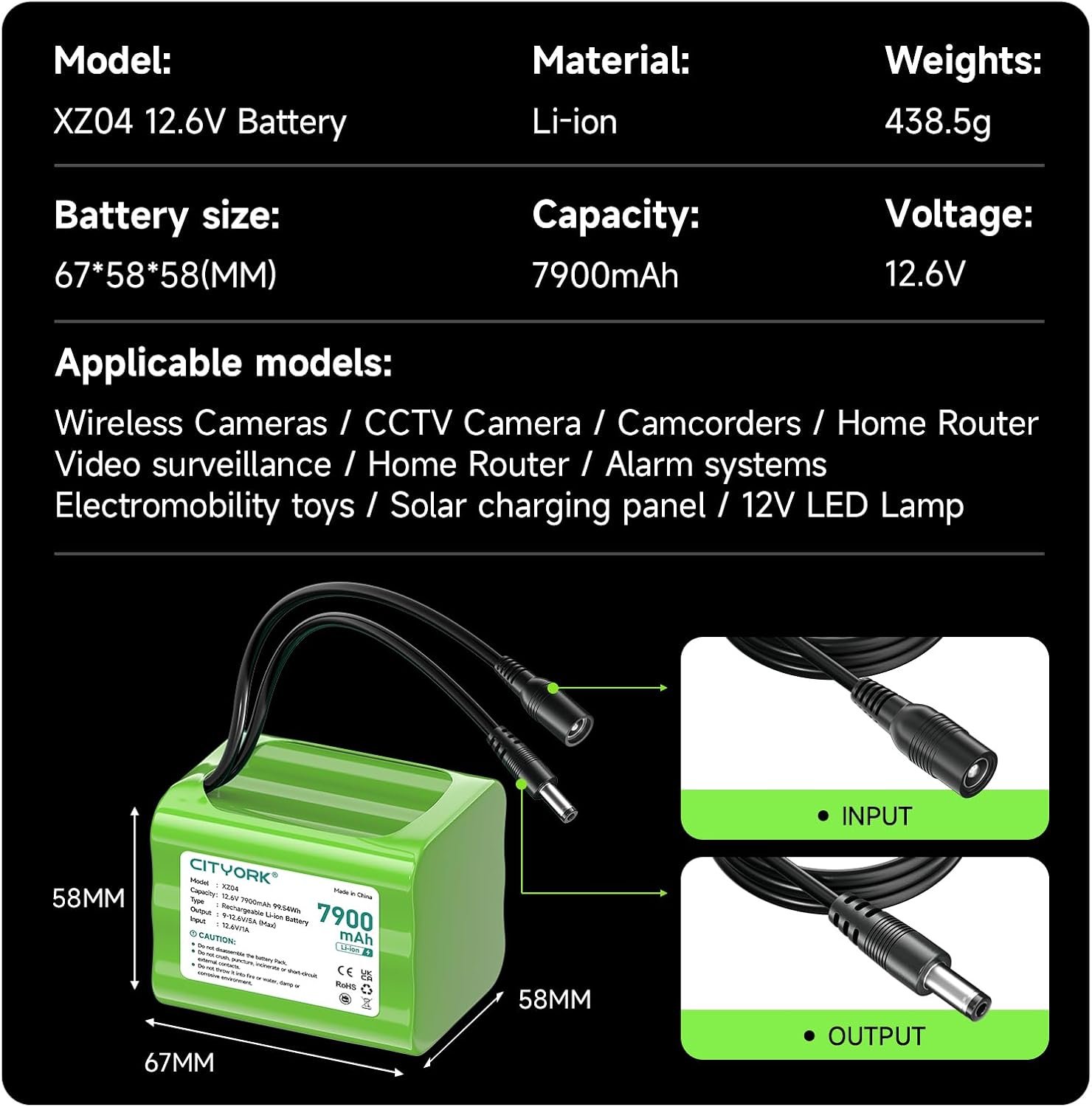 CITYORK 7900mAh 12.6V Rechargeable Lithium Battery Pack for solar charging panel, CCTV cameras, camcorders, MP3 players, LED strip lights - Image 7