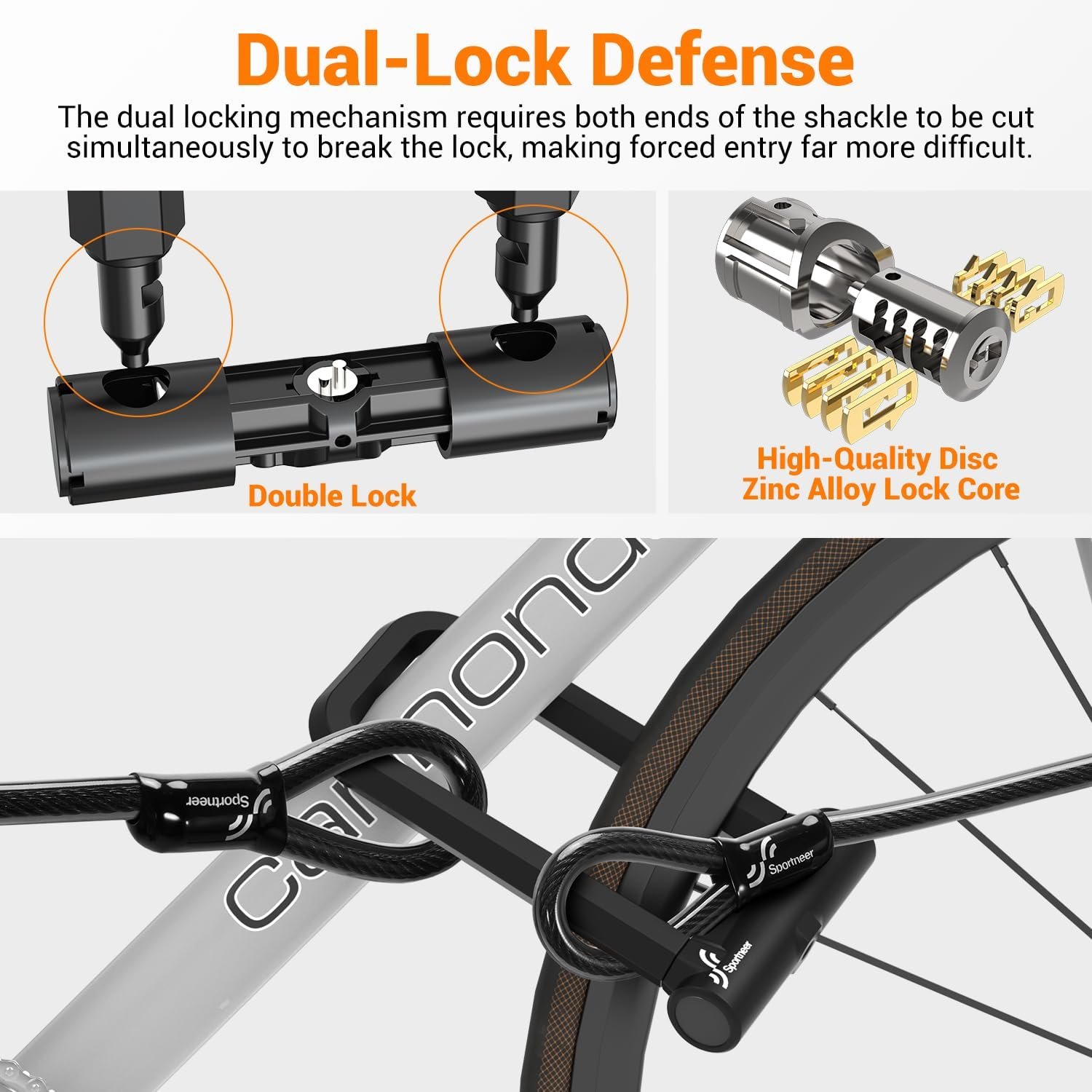 Sportneer Bike Lock: 18mm Heavy Duty Anti Theft Keyless Locking Bike U Lock with 5ft Security Steel Cable - Shackle Bicycle U-Locks with 3 Keys for Road, Mountain, Electric & Folding Bike - Image 3