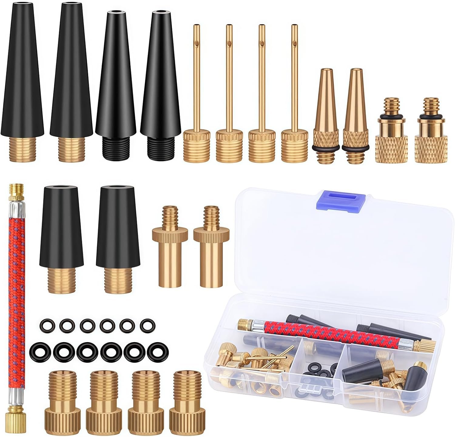33Pcs Bike Pump Adapter Set, Bicycle Metal Valve Adapter Kit with Extension Pipe, for Balls/Bikes, DV SV AV Bicycle Air Pump Inflation Needle Nozzle Kit