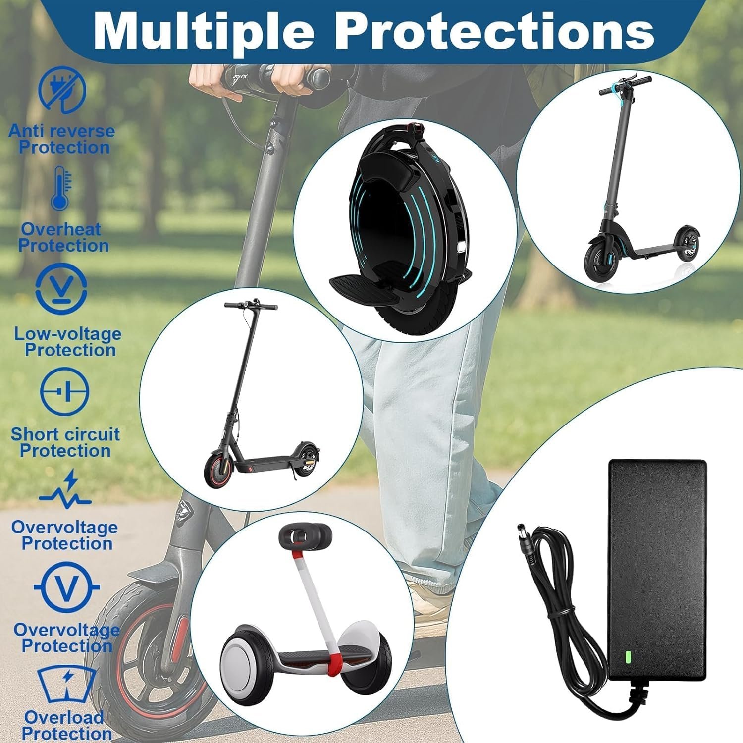 Electric Scooter Charger, 42V 2A Hoverboard Charger UK 3 Pin 36V Universal lithium Batterie Charger with 6 Connectors Electric Bike Chargers e Scooter Chargers for Balance Mobility Scooter Hoverboard - Image 4