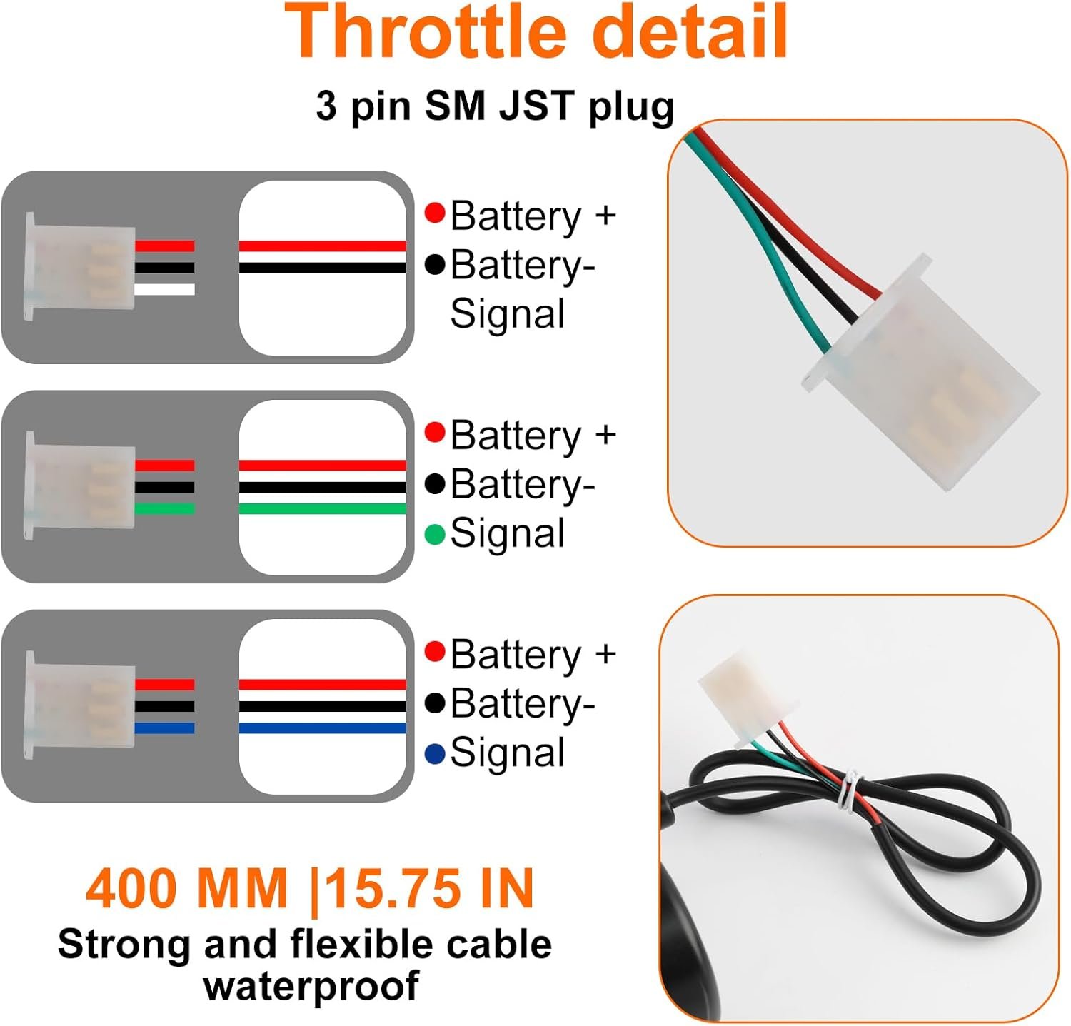 E Bike Throttle 3 Pin Full Twist Electric Bike Throttle 1 Pair Universal Right Scooter Speed Control Twist Throttle with SM JST Female Plug for Ebike Scooter Motorbike Motorcycle 22mm Handlebar - Image 6