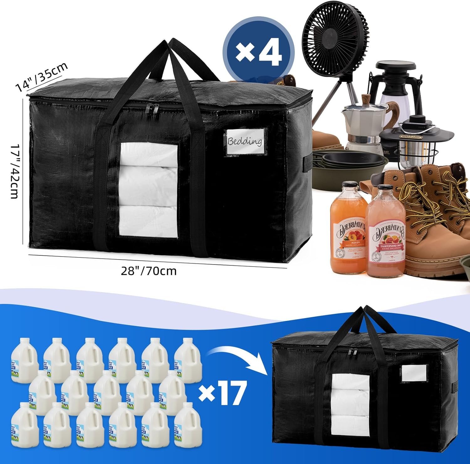TAILI Moving Bags Extra Large Heavy Duty 4 Pack Storage Bags with Zips, Clear Window & Reinforced Handles, Black Storage Bags with Lid for Clothes,Moving,Travel,Beddings,Duvets - Image 8
