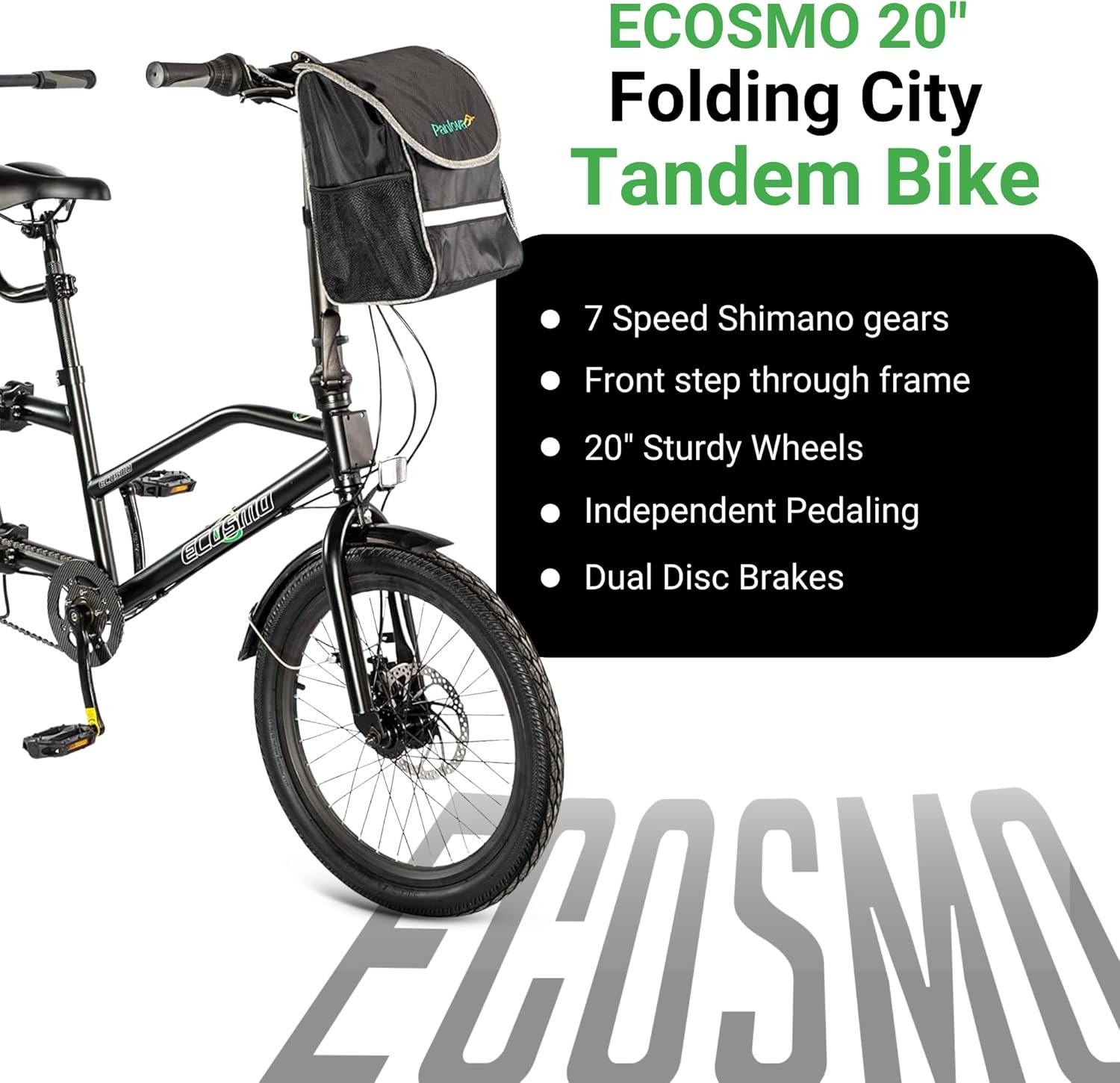 ECOSMO 20" New Folding City Tandem Bicycle Bike,7 Speeds, Dual Disc Brakes, Free Front Bag & Rear rack- 20TF01BL - Image 2