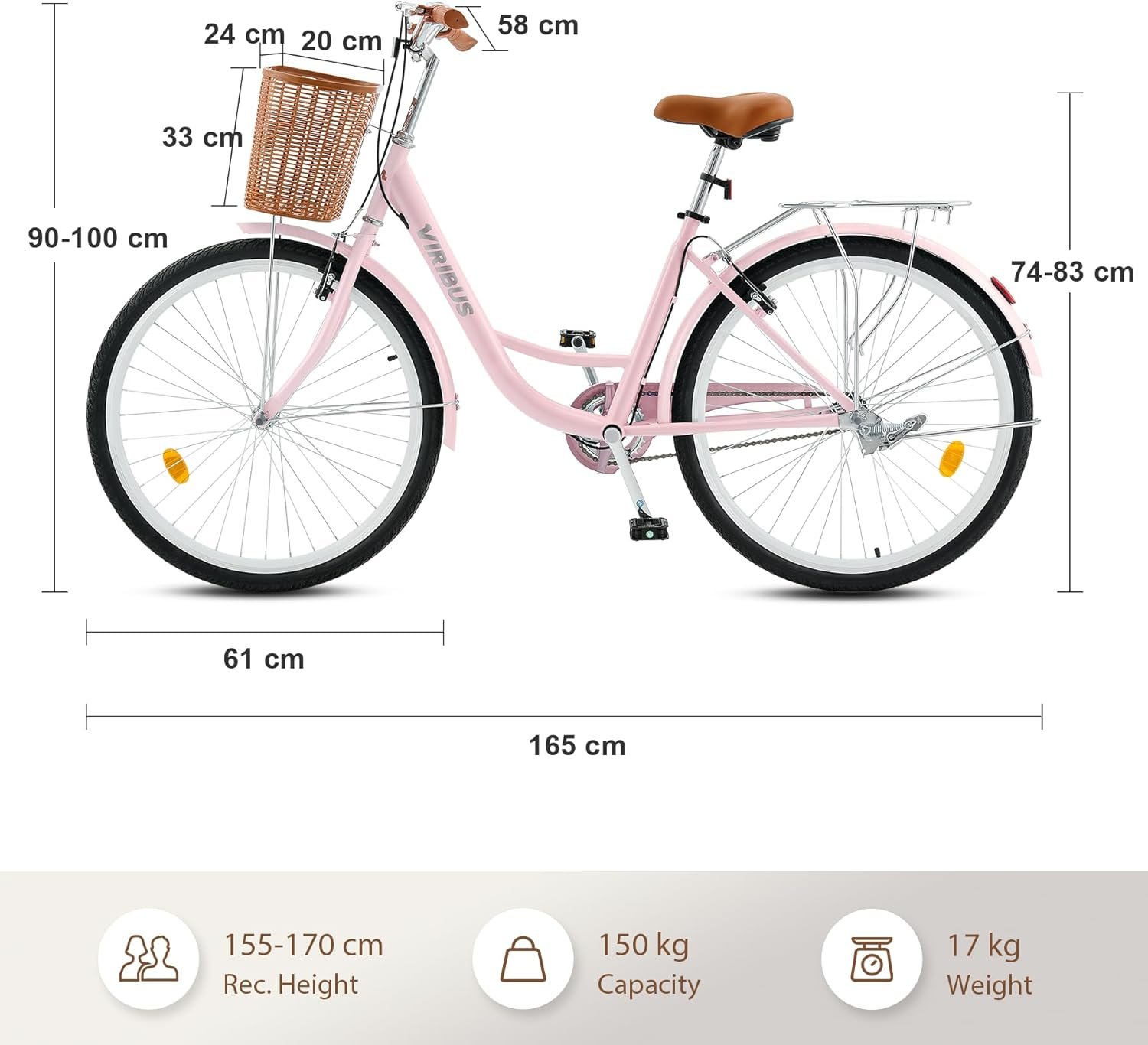 Viribus 24 Inch Vintage Ladies Bike with Basket, Dutch Style City Bicycle with Carbon Steel Frame, Dual V Brakes, Single Speed Women's Comfort Bike with Adjustable Seat and Handlebars - Image 5