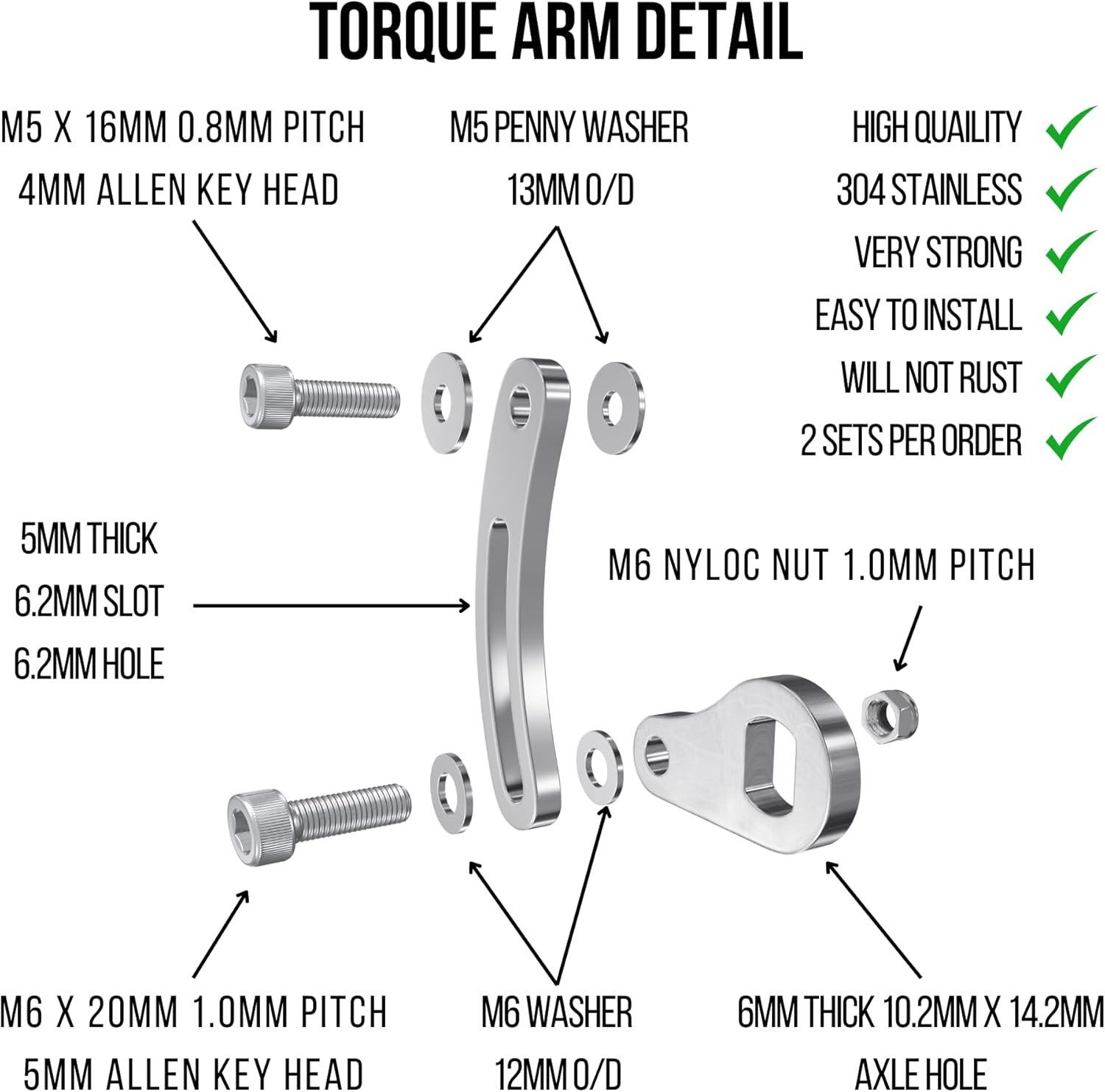 E Bike Torque Arm Set, Heavy Duty Universal, M14, Electric Bicycle E Bike Rear Axle, 6mm Thick, Made from Stainless Steel, Suit 1000W 2000W 3000W Motors. - Image 2