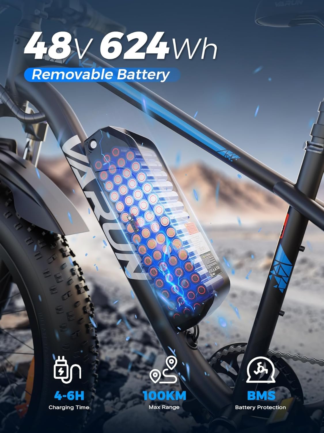 VARUN Electric Bikes for Adults, 26'' 4.0 Fat Tire E Bike with 48V 18AH/13AH Lithium Battery, 100-150KM Max Range, 250W Motor, LCD Display with 5 PAS, 7 Speed Electric Mountain Bike for All Terrains - Image 3