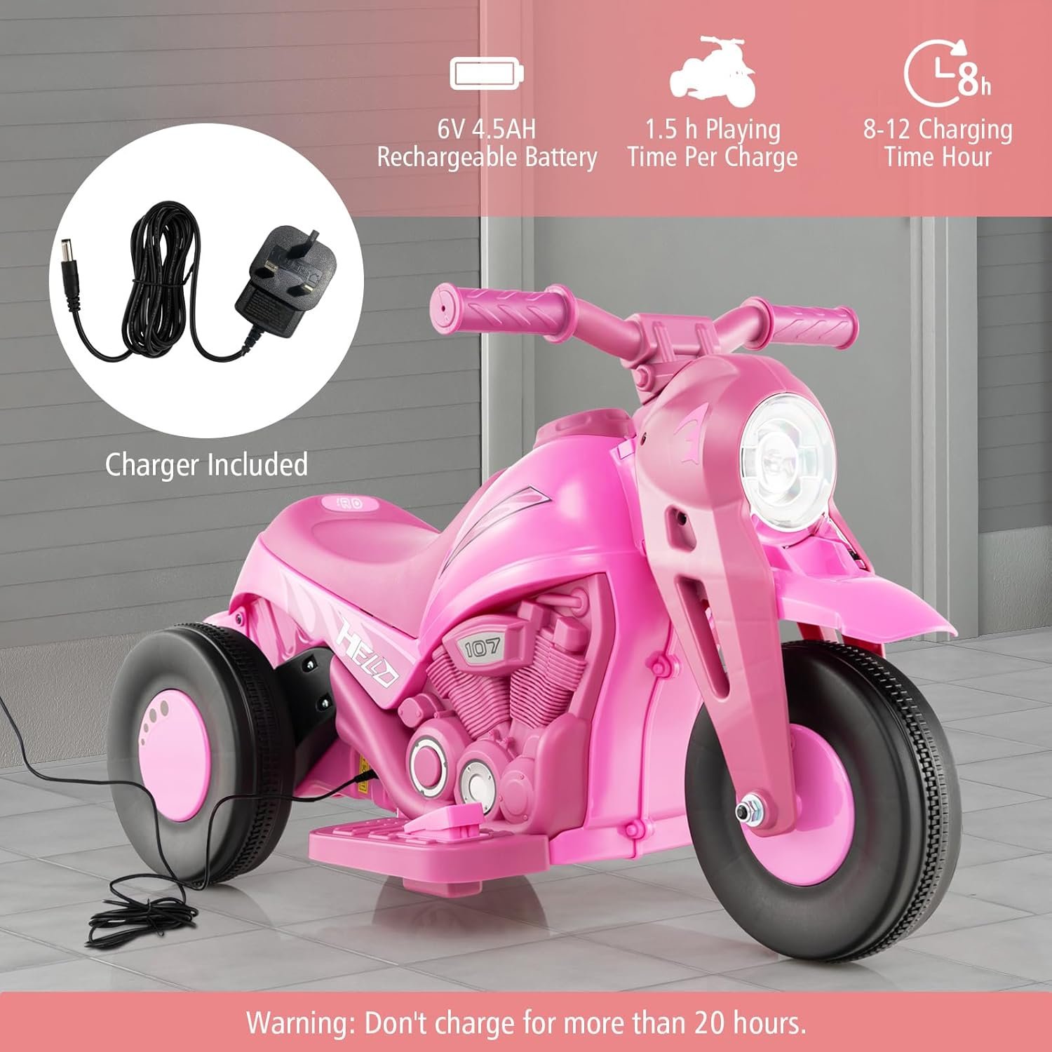 GYMAX Kids Electric Motorbike, 6V Ride on Motorcycle with Bubble Maker, Music, Headlights, Forward & Backward, 3 Wheels Children Motor Bike for 3 Years Old+ Boys Girls (Pink), 81 x 36 x 43 cm - Image 6
