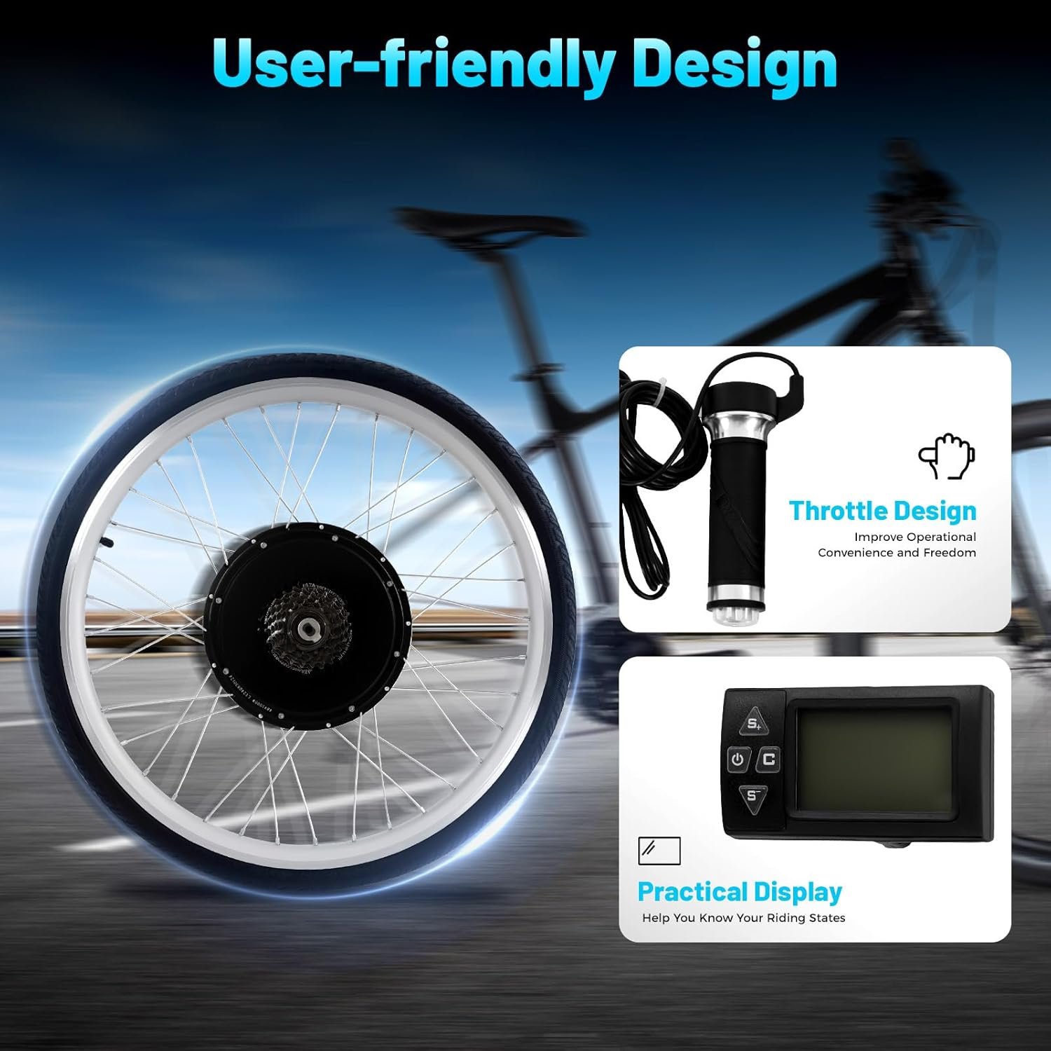 48V 1000W Electric Bike Rear Wheel Kit Hub Motor Conversion Set for 26 Inch Bicycle DIY E Bike PAS System LCD Display Disc Brake Brake Lever Controller Flywheel - Image 7