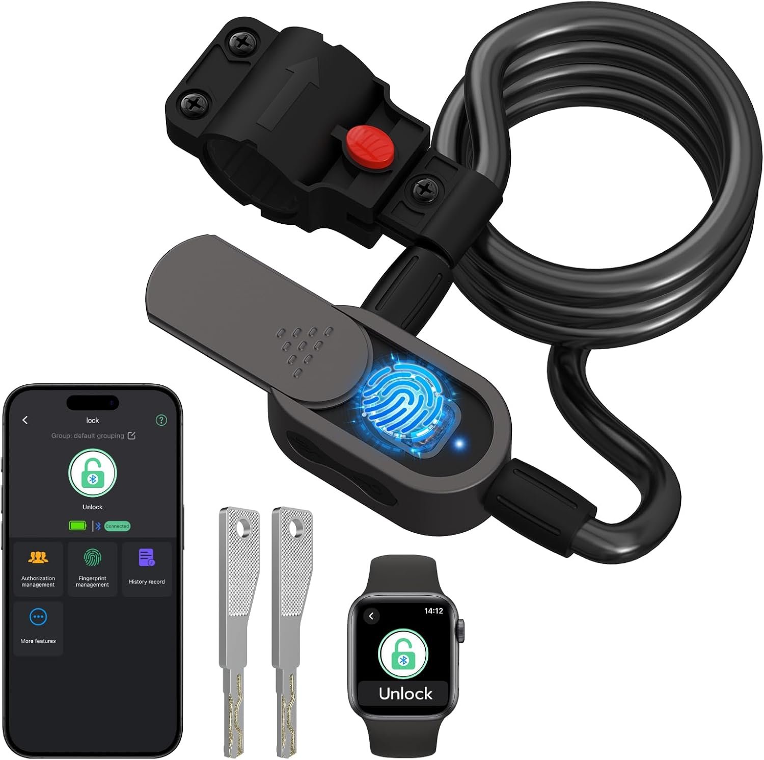 Eseesmart Bike Lock with Fingerprint, Bicycle Lock with Keys Fingerprint Bluetooth Control Digital Electronic Biometric, Heavy Duty Waterproof High Security Bike Locks Scooter Motorcycle Bicycle-Black