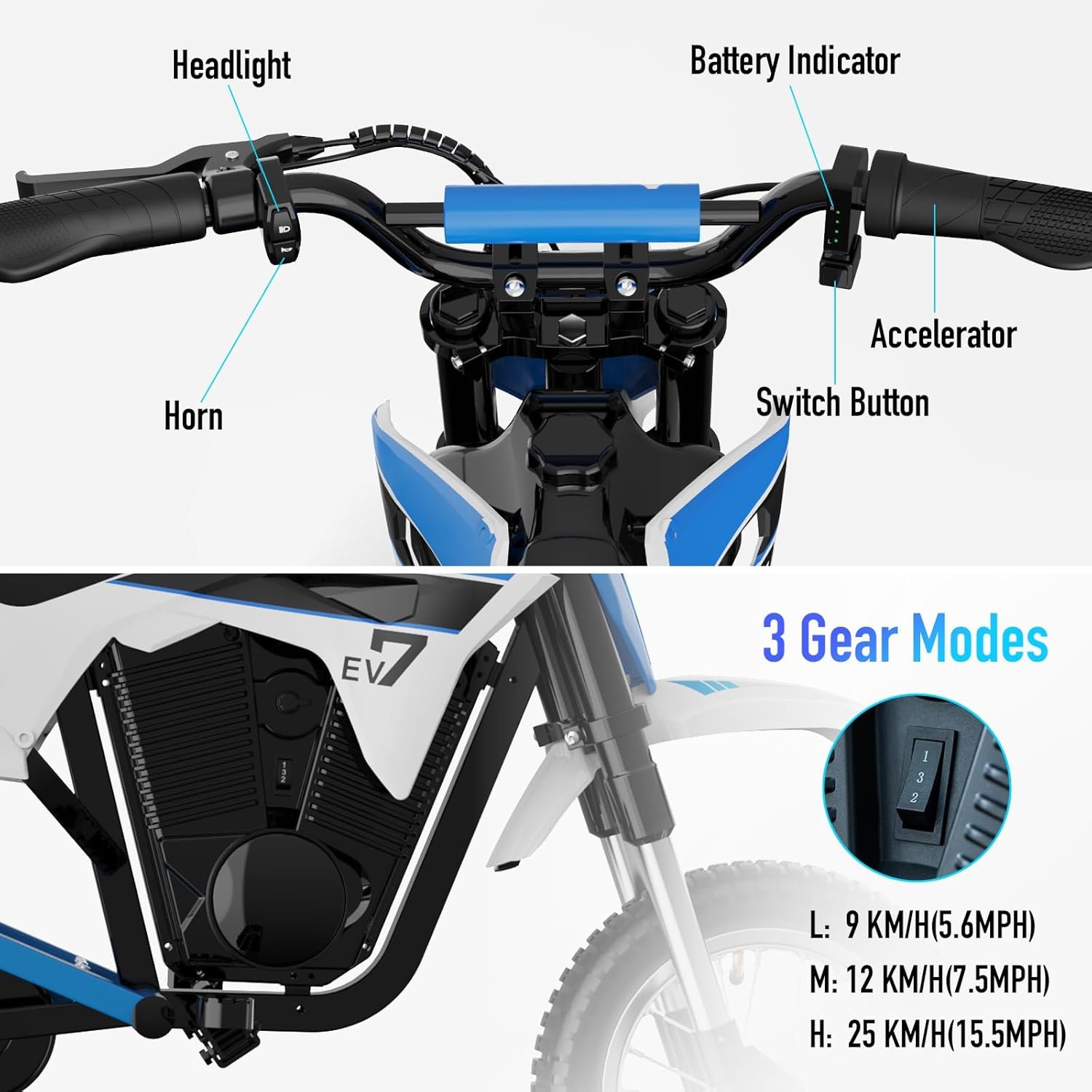 EVERCROSS EV12M PRO Kids Ride On Motorcycle, Electric Motorcycle with 300W Motor, 11.18Miles Long-Range, 12'' Pneumatic Tire, Bluetooth Music, Colorful Lights, Motor Cross for 110cm+ Height - Image 6