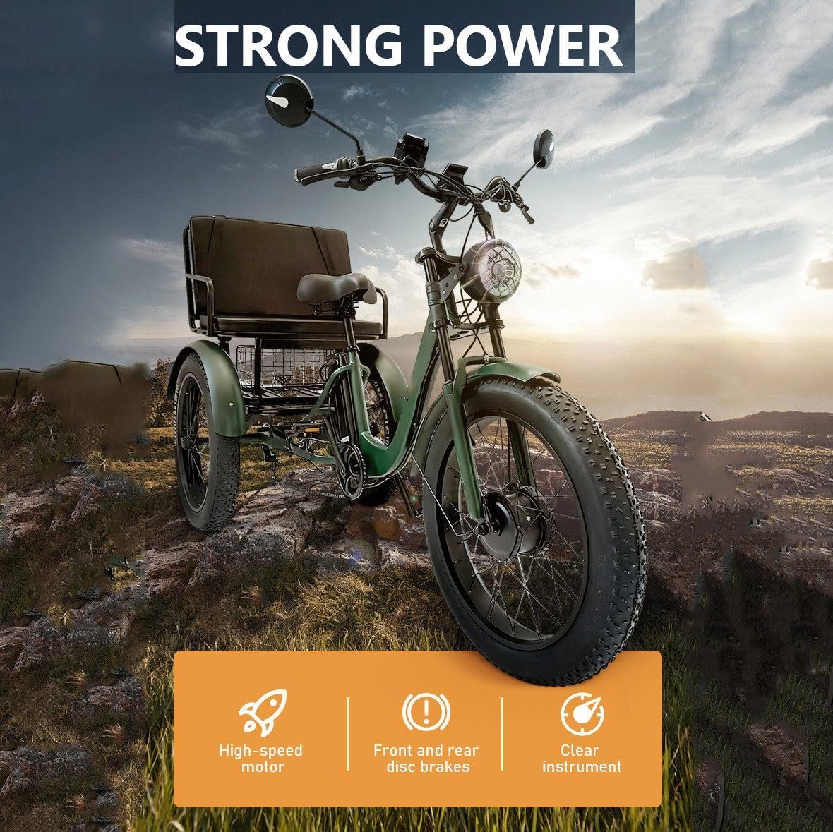 3 Wheel Electric Bicycle for Adults and Seniors, Touring Bike with LCD Display, Front Headlight, Aluminum Frame, Wide Tires, 150 kg Capacity - Image 3