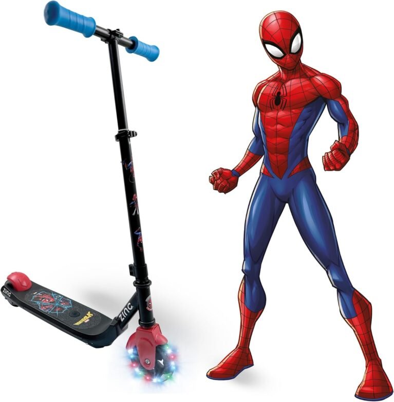 Zinc Marvel Spiderman Officially Licensed Electric Scooter Kids Ages 6+ - Light Up Wheels, Escooter with 4.9mph Speed, 60W Motor & 40min Ride Time - Red & Blue Electric Kick Scooter