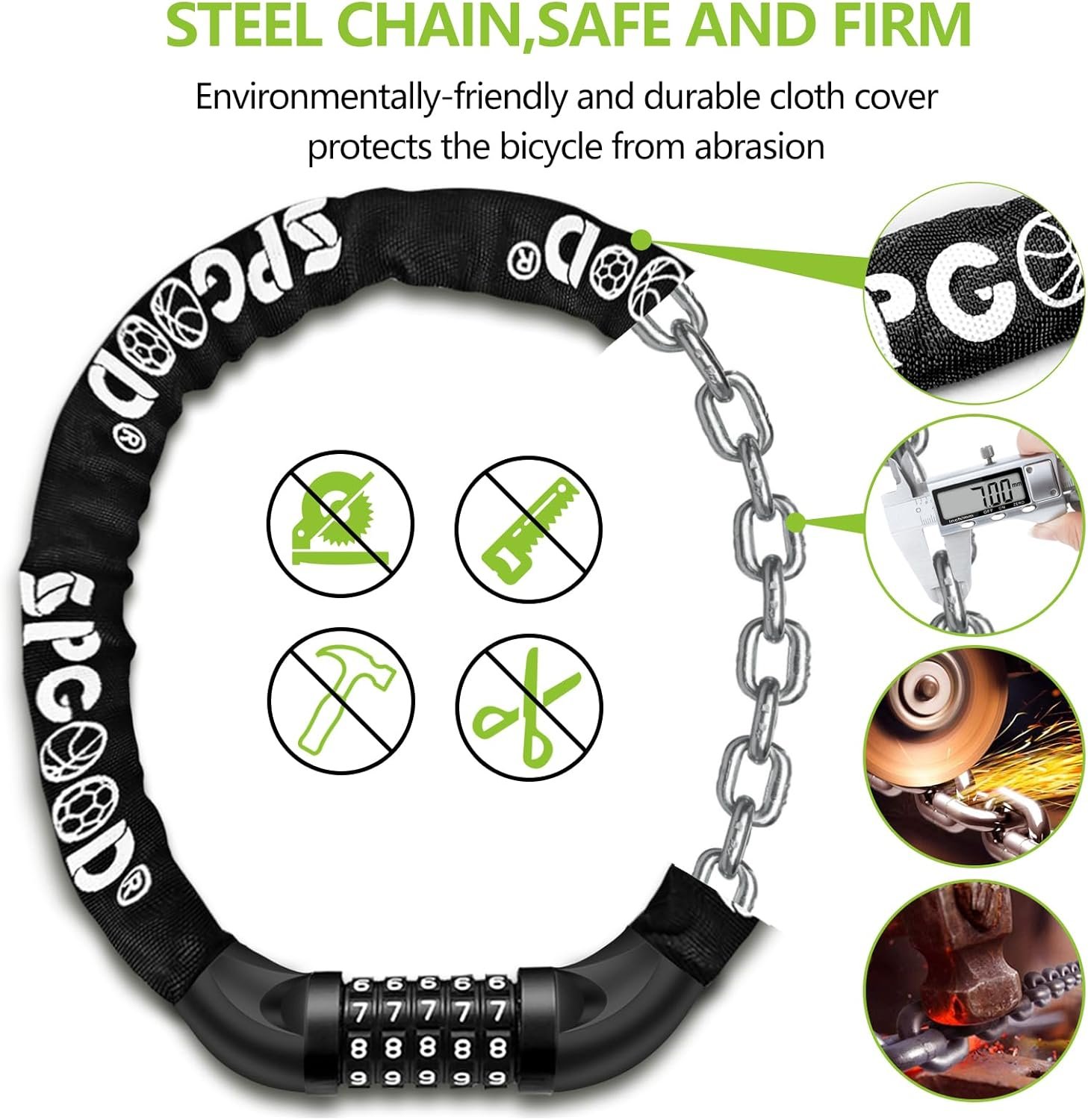 SPGOOD Bike Locks Heavy Duty/Bicycle Chain/Cycling Lock (14 Colors) 5-Digits Codes Resettable 100,000 Codes for Bike Cycle, Moto, Door, Gate Fence 830mm Length(Black) - Image 5
