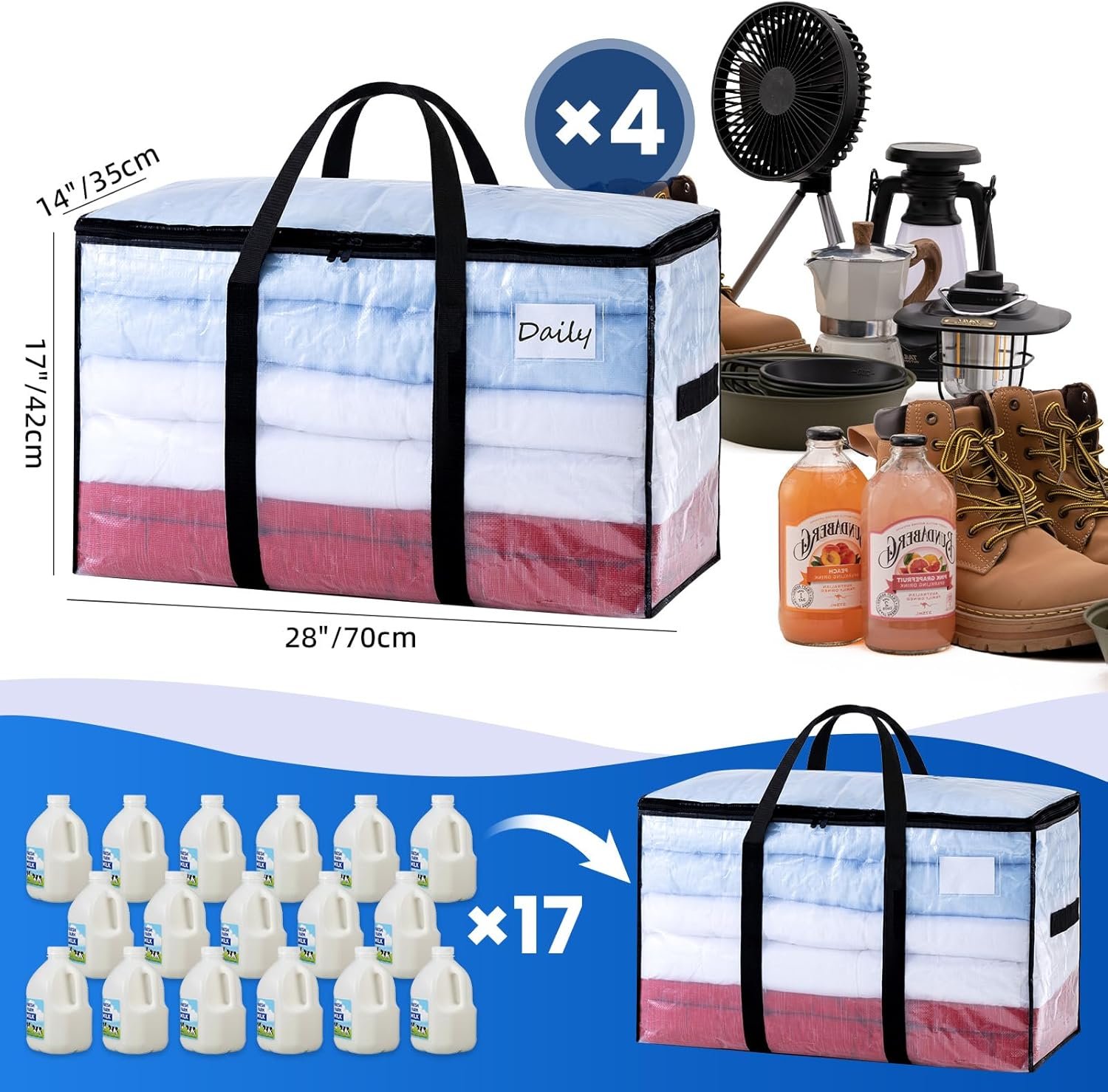 TAILI Extra Large Moving Bags,4 Pack Clear Heavy Duty Totes For Storage,Wrap Around Handles,Storage Bags for Clothes,Bedding,Space Saving,Travel,Alternative to Moving Boxes - Image 8