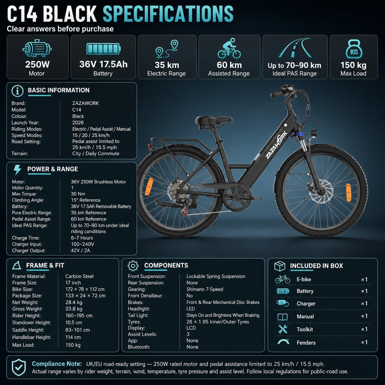 Electric Bike For Adults 36v17.5ah Removable Battery 250w Motor Ebike Lockable Spring Suspension Mechanical Disc Brakes E Bikes For Men 7-Speed Electric Bikes 26-Inch Tires - Image 7