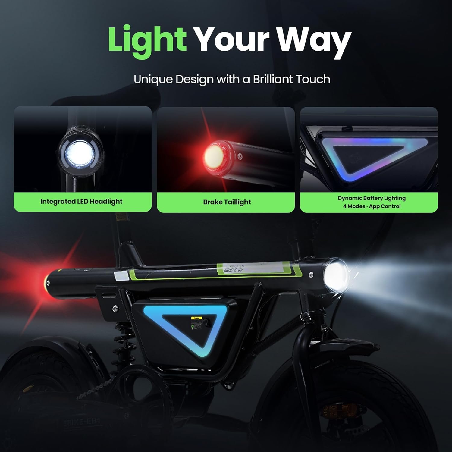 Finbike EB1S Electric Bike for Adults Teens, 14" Commuter E Bike with APP Control, 36V 12Ah Battery with Customisable LED Light, 50KM Range & 25KM/H Speed - Image 5