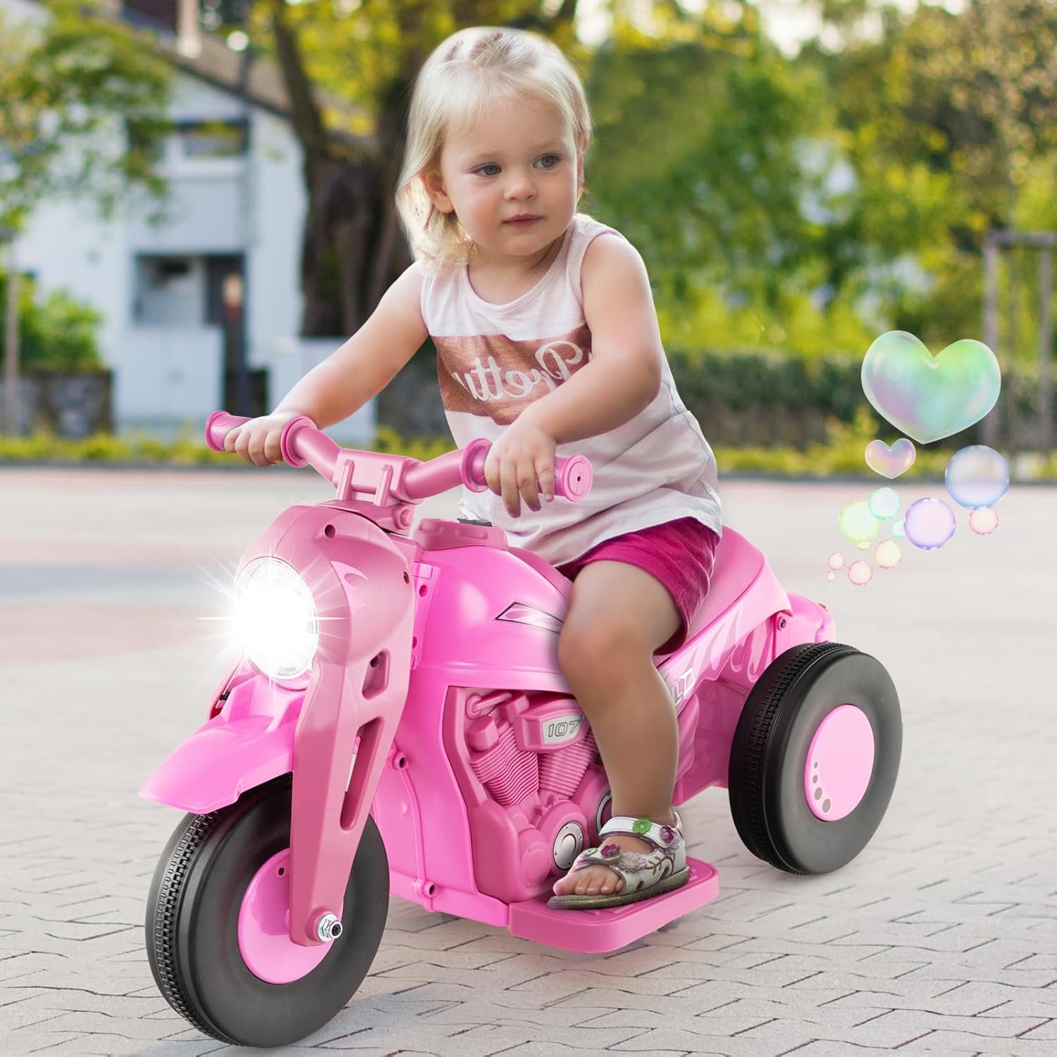 GYMAX Kids Electric Motorbike, 6V Ride on Motorcycle with Bubble Maker, Music, Headlights, Forward & Backward, 3 Wheels Children Motor Bike for 3 Years Old+ Boys Girls (Pink), 81 x 36 x 43 cm - Image 9