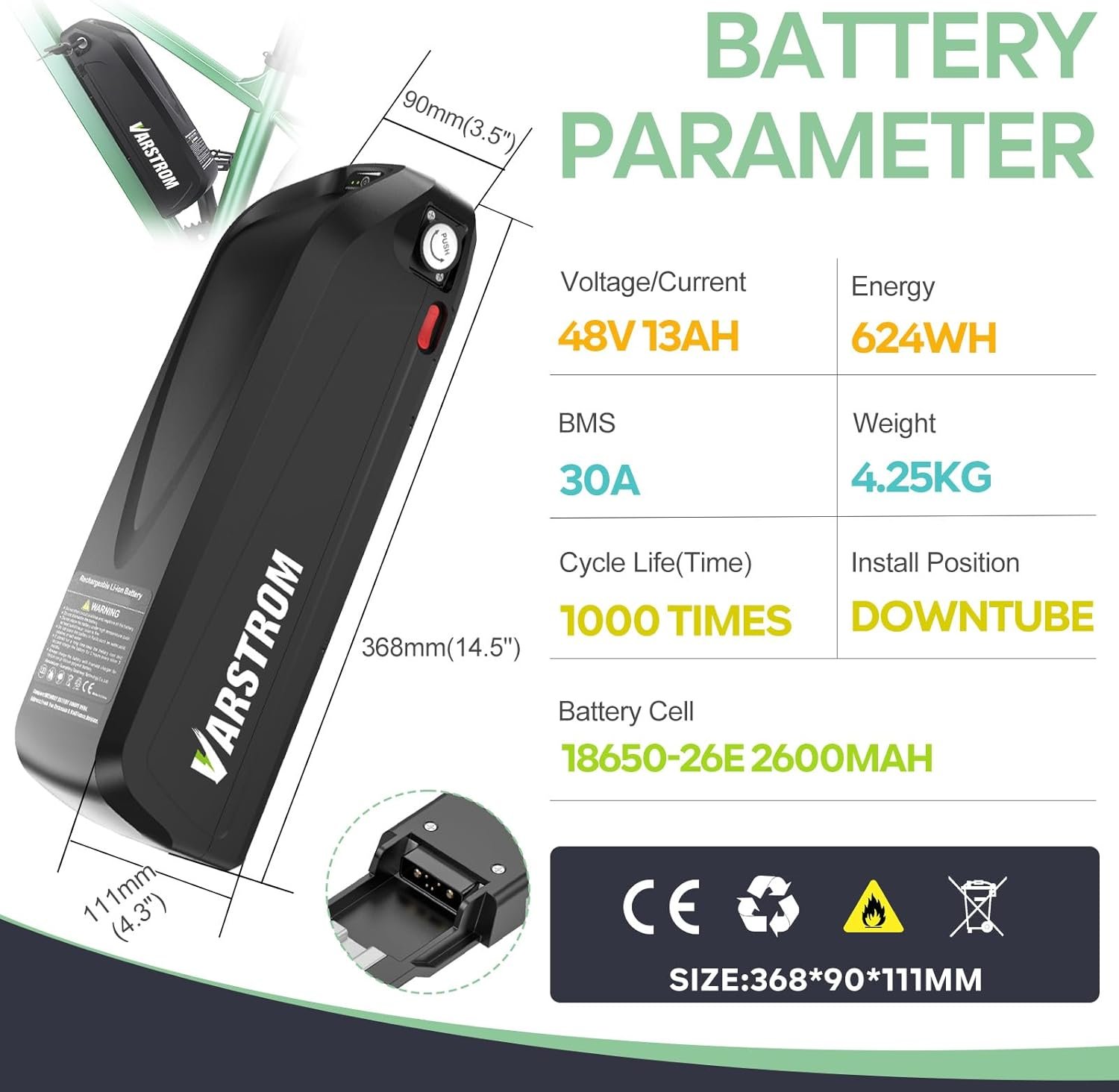 48V Ebike Battery with USB & Charger 13Ah 624Wh Lithium Downtube Battery for Electric Bike Conversion Kit & Bicycle