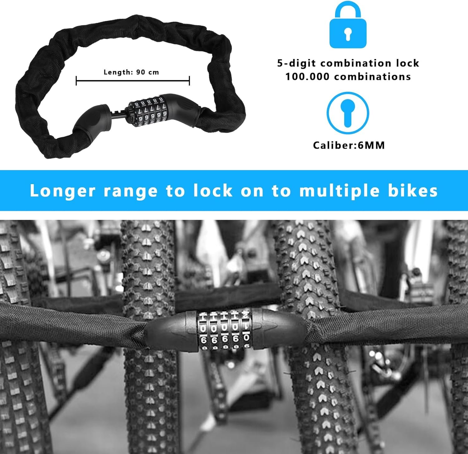 Bike Lock High Security, 90cm Anti-Theft Bicycle Locks, Bike Chain Lock, 5 Digit Codes Bike Combination Locks, Alloy Steel Heavy Duty Cycling Locks for Door Gate Motorcycle Electric Scooter Lock - Image 5
