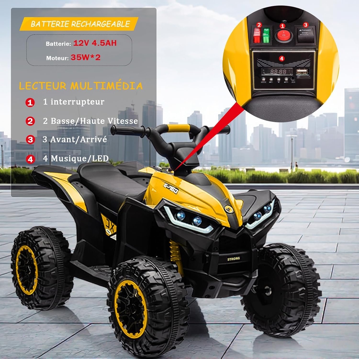 12V Kids Electric ATV Quad Bike, Ride-on Toy with Remote Control, 2 Speeds, LED Lights, Wireless Music, Soft Start, Treaded Tires, Battery Powered for Boys & Girls Ages 3–8 - Image 6