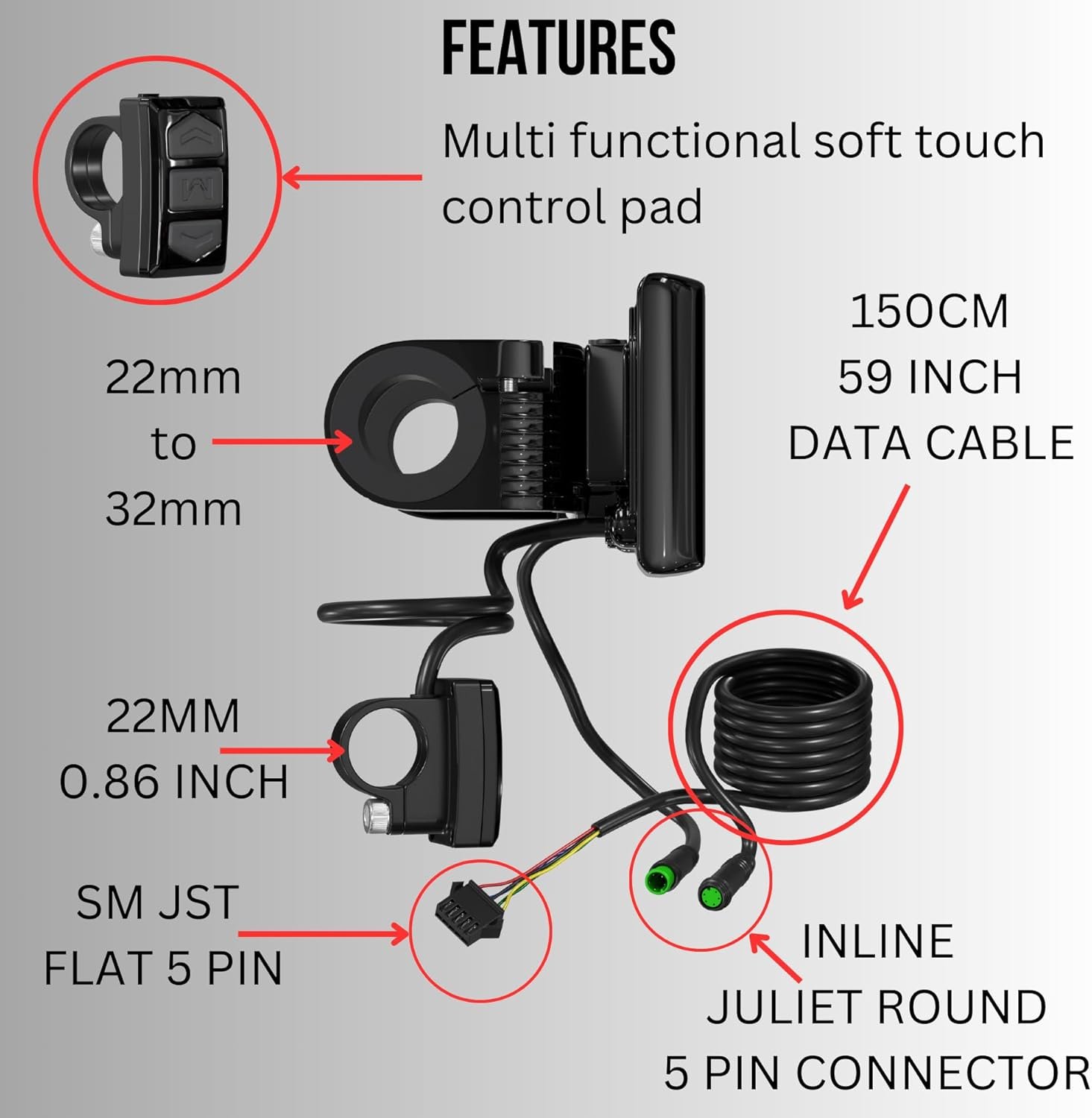 SW900 E-Bike Display, Multi-Voltage 24V-72V, Sine Wave & DC Moto Compatible, 5-Pin LED Speedometer for Electric Bikes. - Image 3