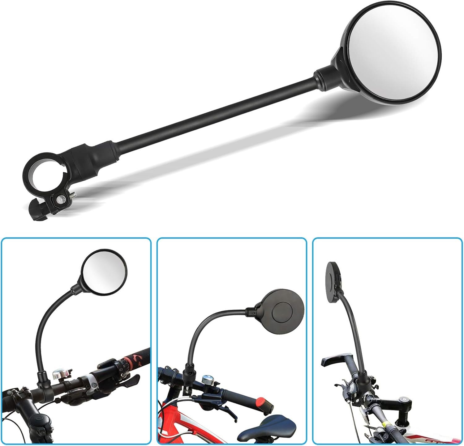 Yizhet Bike Mirrors, 1 Pair 360° Rotatable Bicycle Handlebar Mirrors, Wide Angle Rear View Mirrors, Convex Cycle Wing Mirrors for Bicycle, Electric Mobility Scooter, Road Bike, Moped, Motorcycle | Convex Acrylic, Wide Angle, Long Hose for 22mm-32mm Handlebars of Bicycles, Moped, Electric Mobility Scooter - Image 6