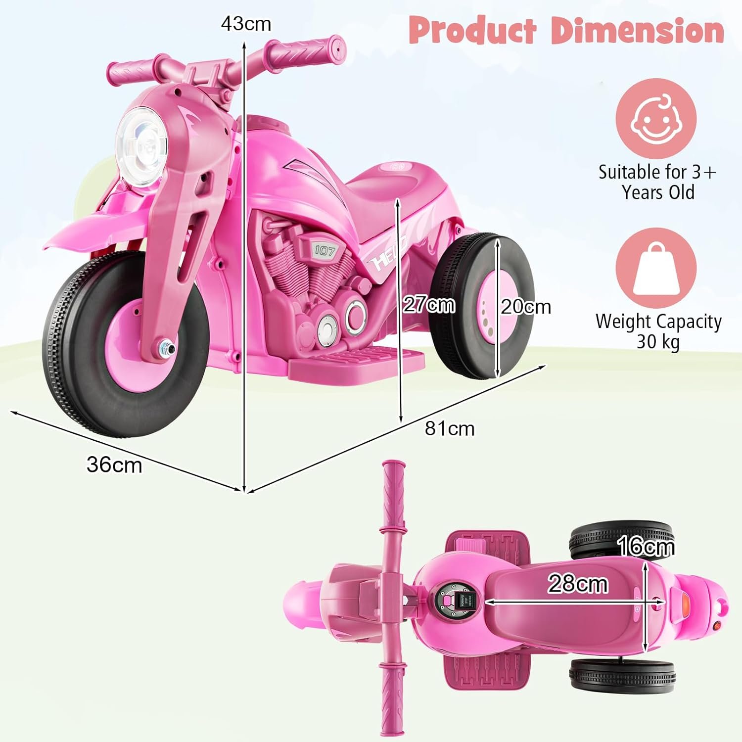 GYMAX Kids Electric Motorbike, 6V Ride on Motorcycle with Bubble Maker, Music, Headlights, Forward & Backward, 3 Wheels Children Motor Bike for 3 Years Old+ Boys Girls (Pink), 81 x 36 x 43 cm - Image 5