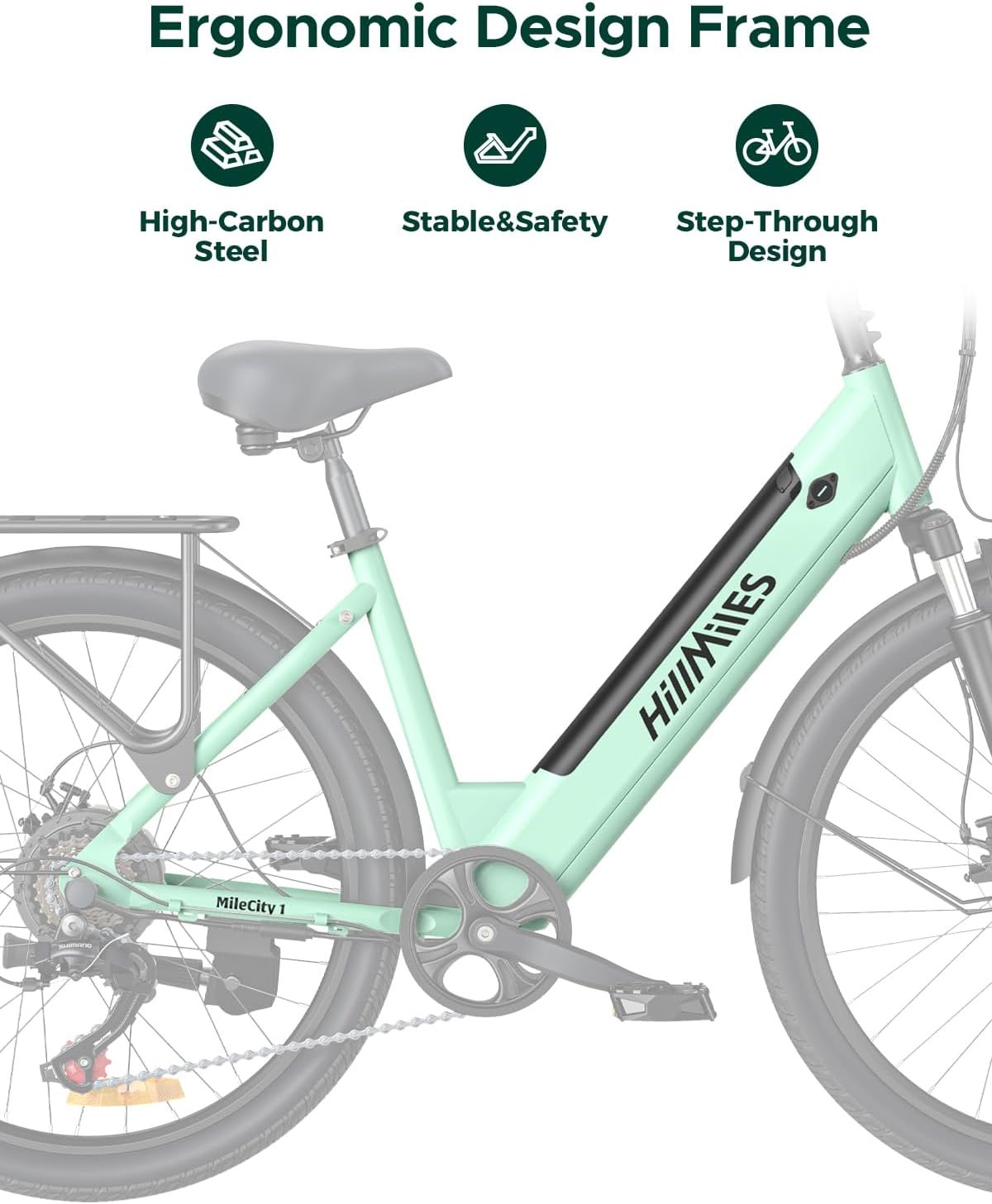 HillMiles MileCity1 26" Electric Bike for Adults, 7 Speed Electric Bicycle with 36V 13Ah Removable Battery, 25km/h & 80-100km Range E Bike for Urban Commuters with Rear Rack, IP65 Waterproof - Image 6