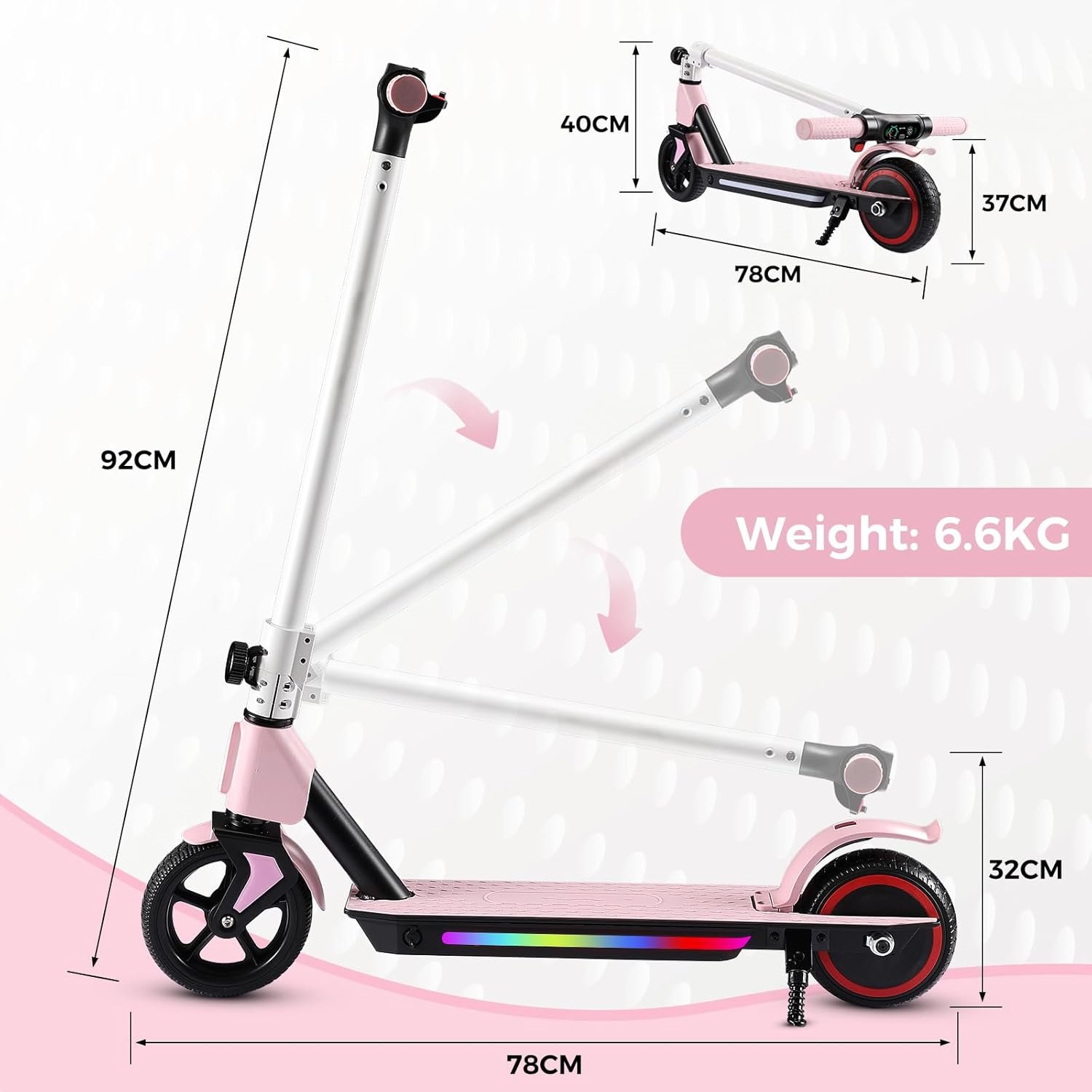 Electric Scooter, 6.5'' Foldable Electric Scooter, Colorful Lights Electric Scooters for Ages 6-12, 8Mph, 5 Miles of Range, LED Display, Safe Kids E-Scooter - Image 6