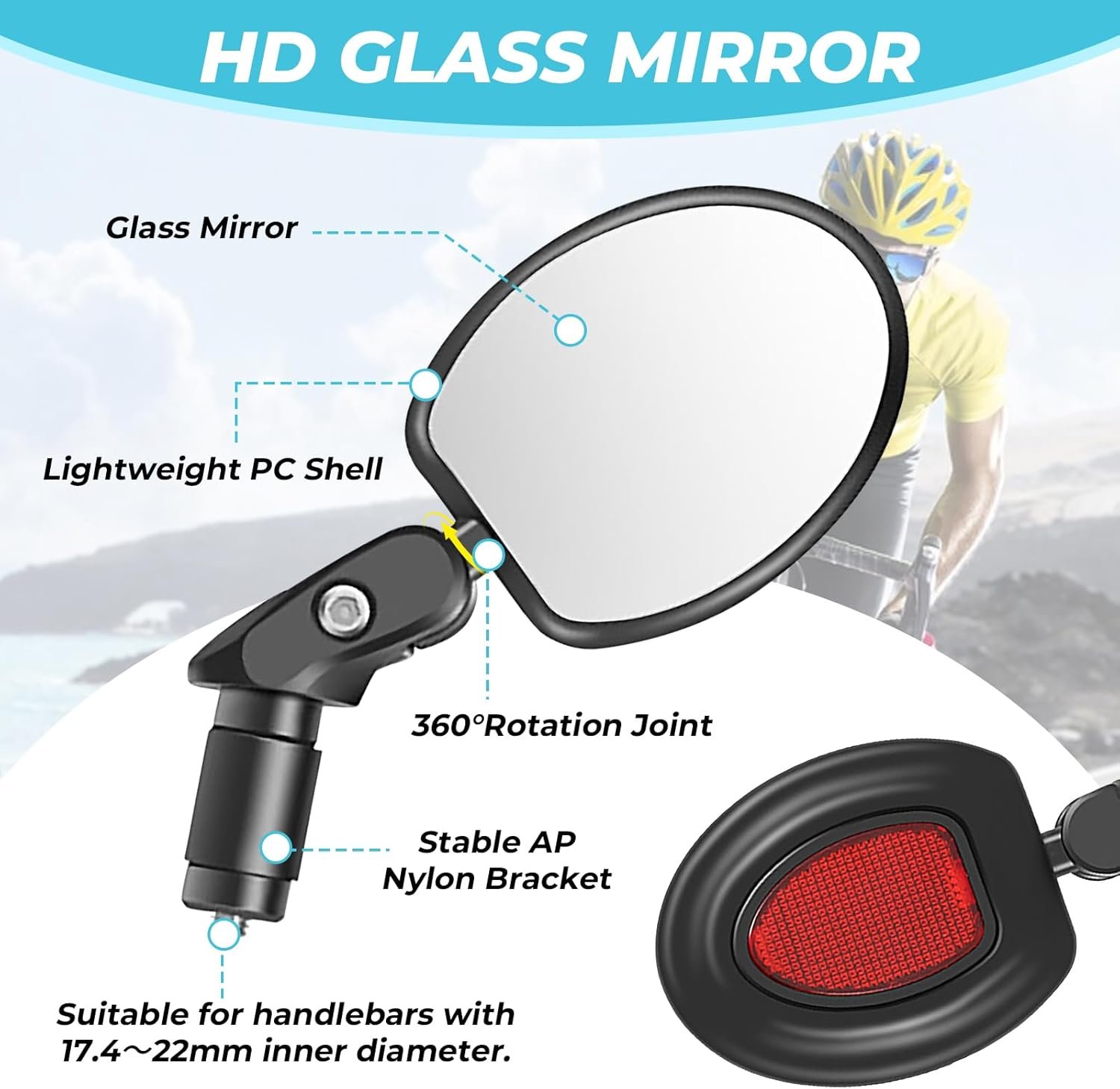 Bike Mirrors, 360 Degree Adjustable Bar End Rear View Mirror with Reflective Sticker, HD Glass Convex Lens, Fits 17.4-22mm Handlebar for Electric Bicycle, MTB, Road Bike, Scooter - Image 3